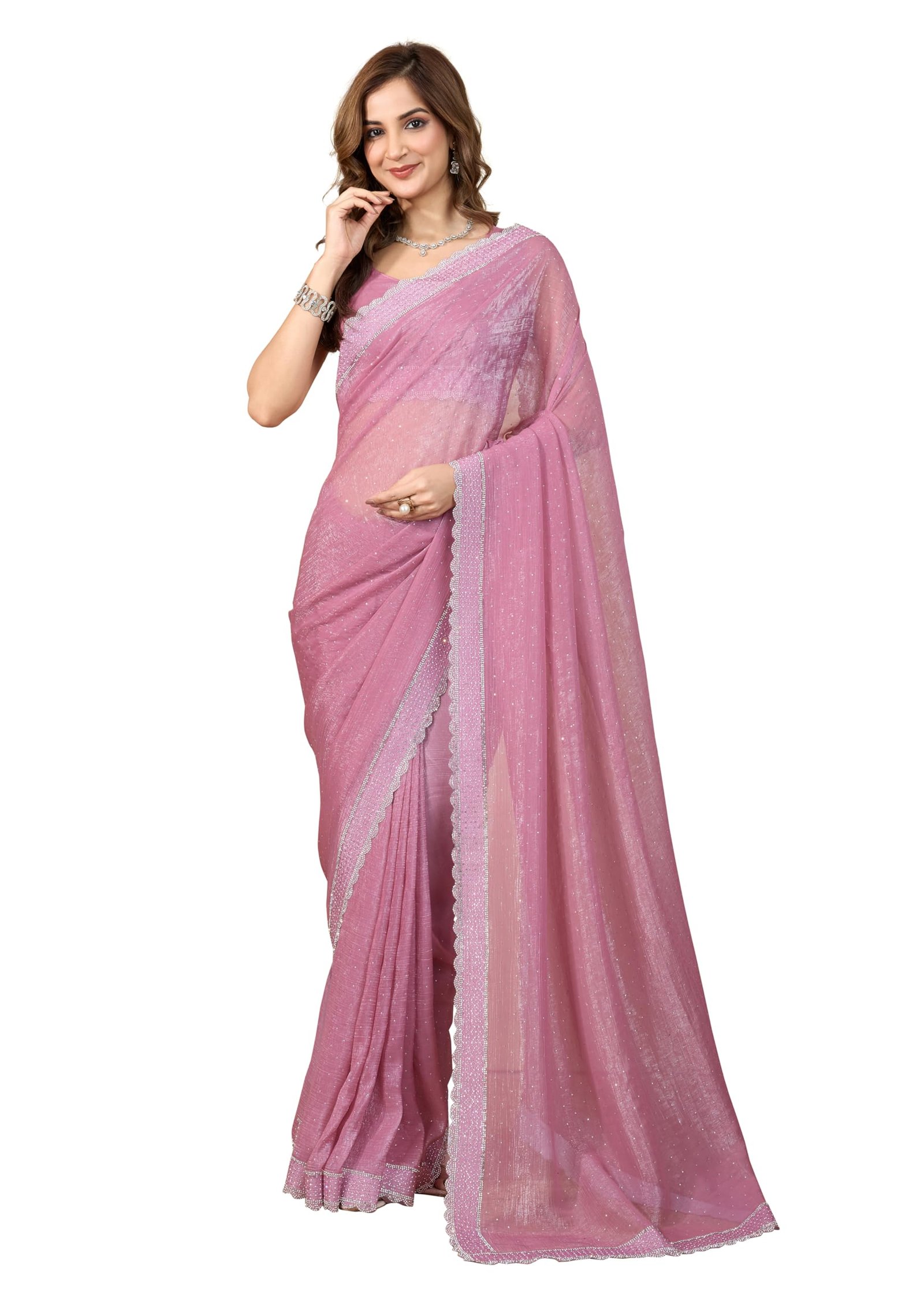 TRENDMALLS Women's Art Silk Siroski Work Saree with Unstitch Blouse Piece (K1151-Pink)