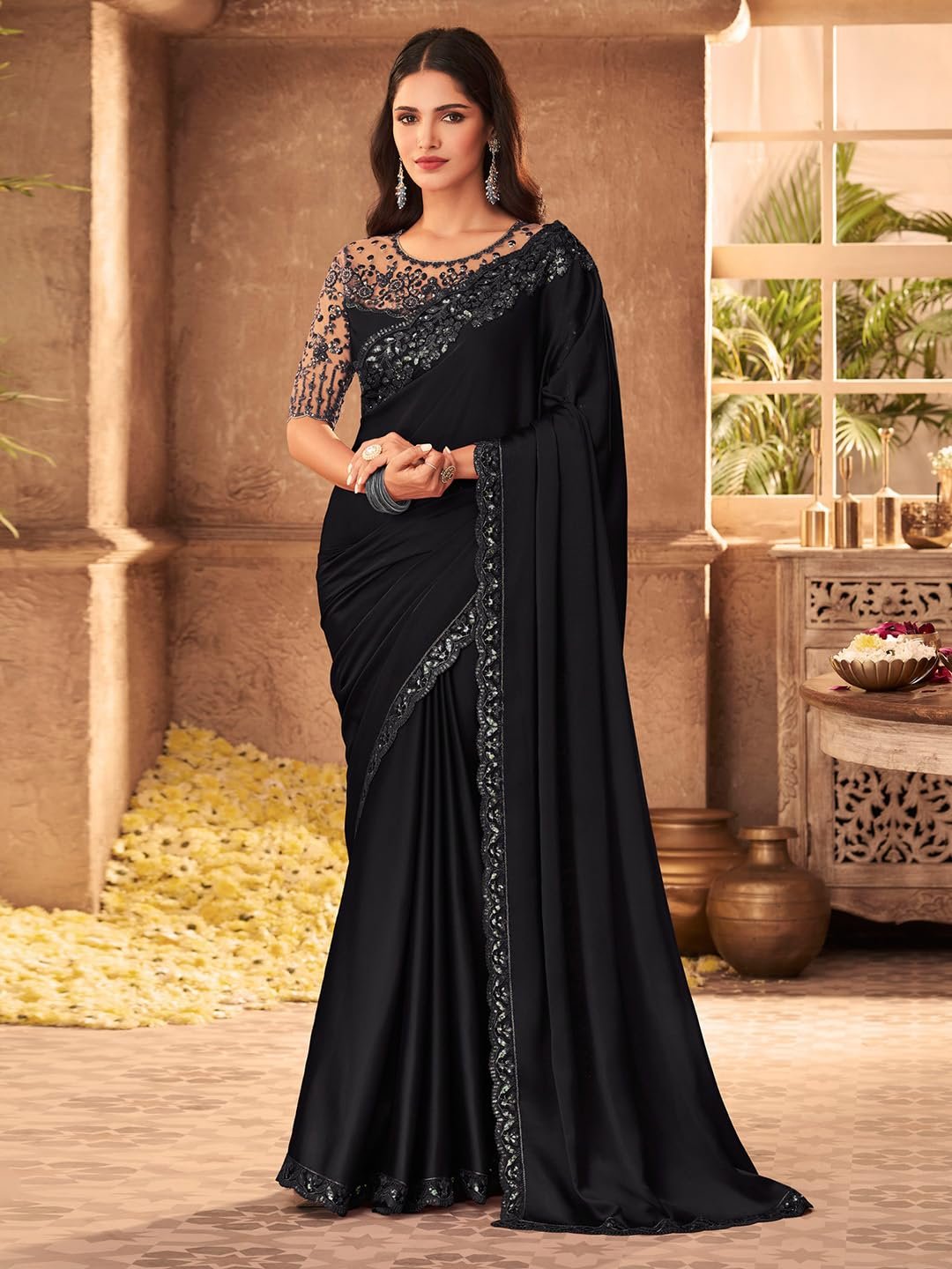 AKHILAM Women's Black Pure Chiffon Embroidered Saree With Unstitched Blouse (SILVER902I_TFH) - Image 6