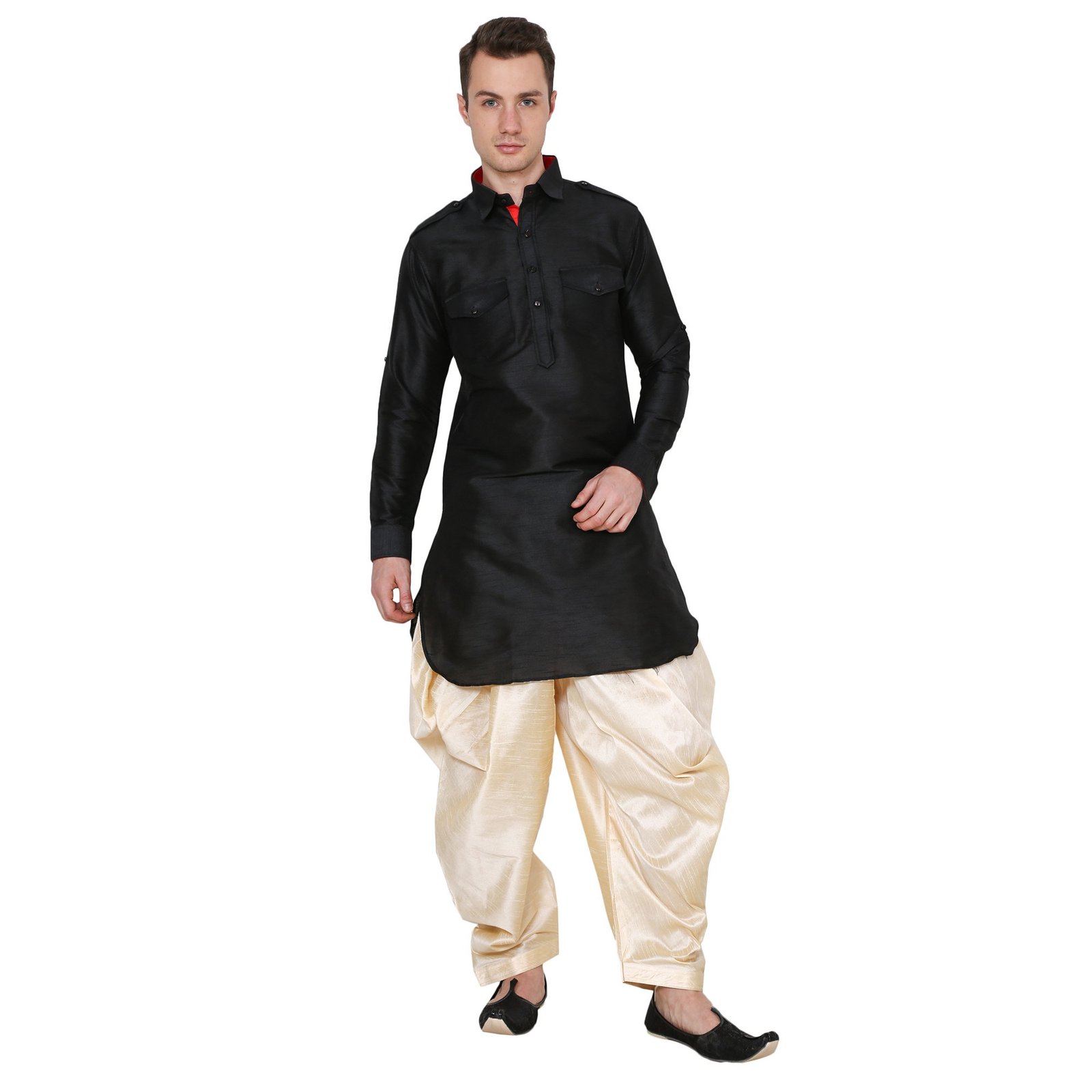 Royal Kurta Men's Silk Blend Pathani Kurta Salwar Set (42, Black-Gold-)