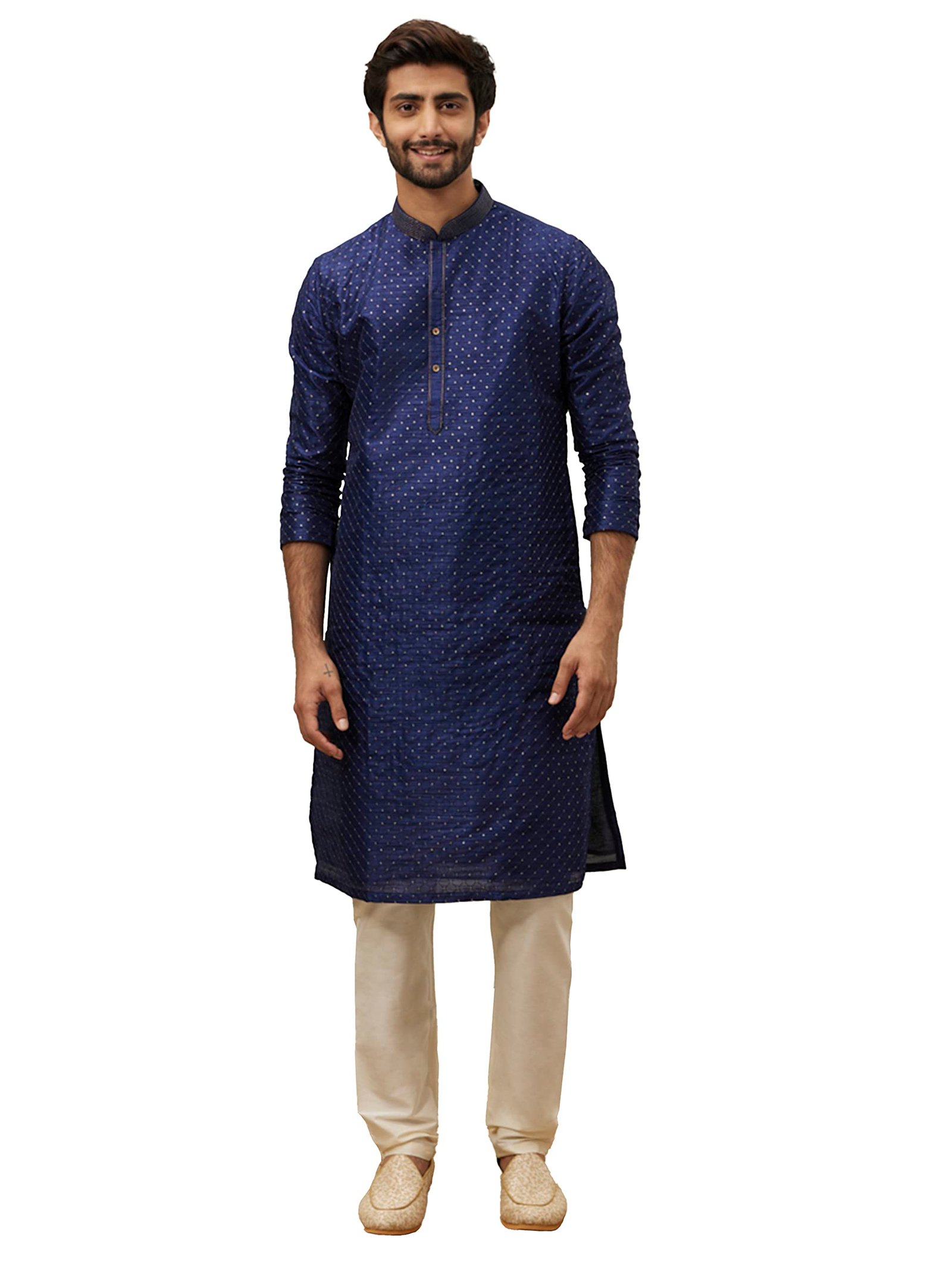 Manyavar Men's Midnight Sapphire Blue Self Patterned Kurta Set (Blue,M)