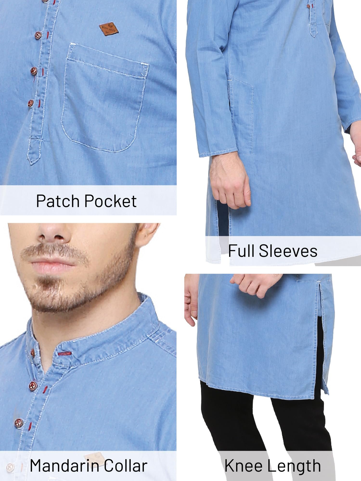 Kuons Avenue Men's Icewash Denim Long Kurta | Kurta Shirt for Men (KACLFS1243M_Icewash_Medium) - Image 3