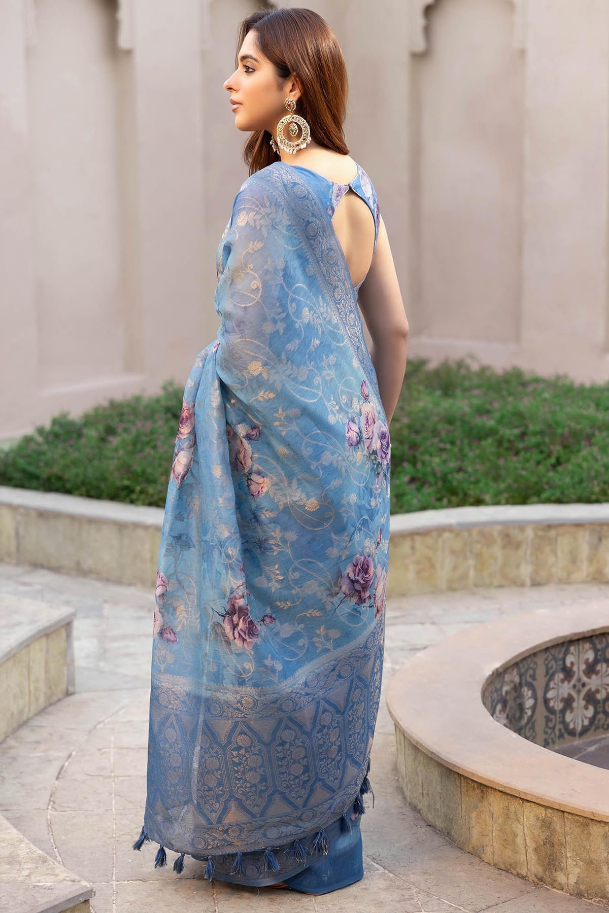 Soch Womens Powder Blue Chanderi Floral Print Saree With Zari Woven - Image 2