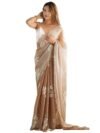 AKHILAM Women's Beige Shimmer Organza Sequence Embroidery Saree With Unstitched Blouse Piece