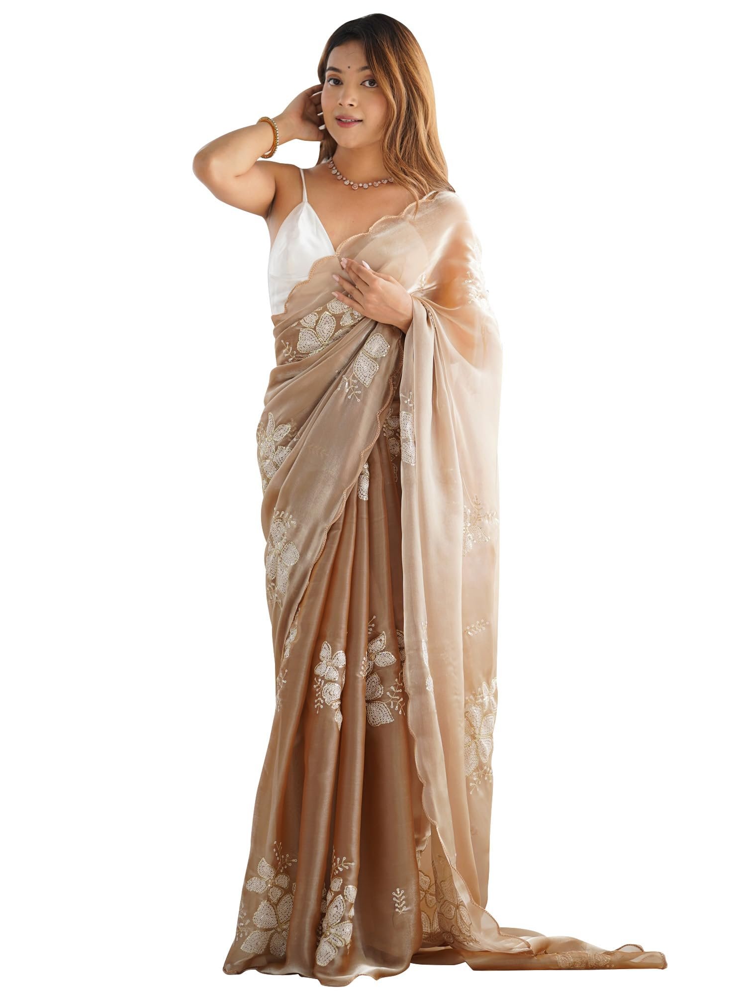 AKHILAM Women's Beige Shimmer Organza Sequence Embroidery Saree With Unstitched Blouse Piece