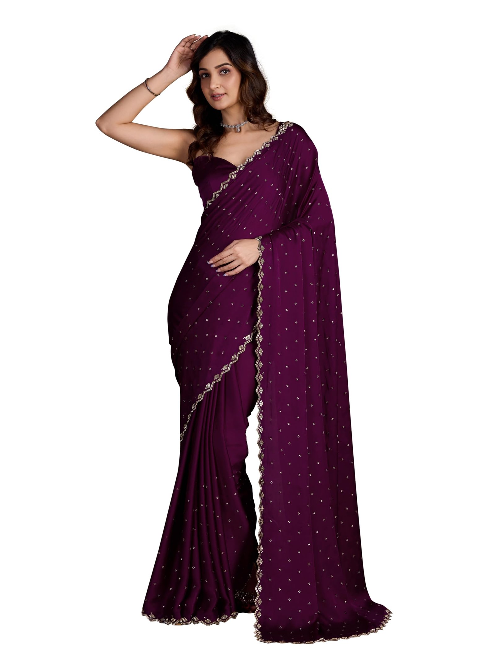 TRENDMALLS Women's Satin Silk Siroski Zarkan Work Saree with Unstitch Blouse Piece (K1102-Purple)