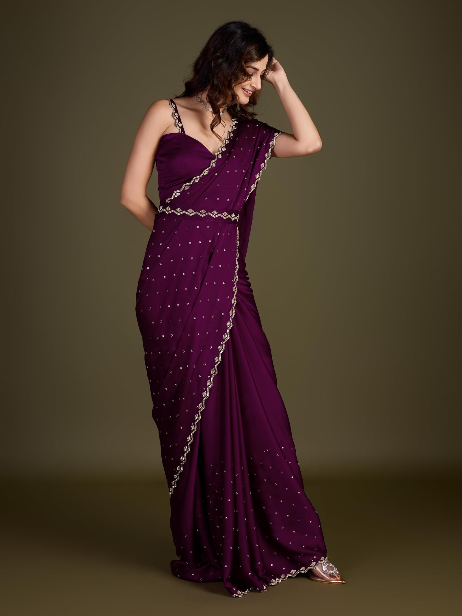 TRENDMALLS Women's Satin Silk Siroski Zarkan Work Saree with Unstitch Blouse Piece (K1102-Purple) - Image 2