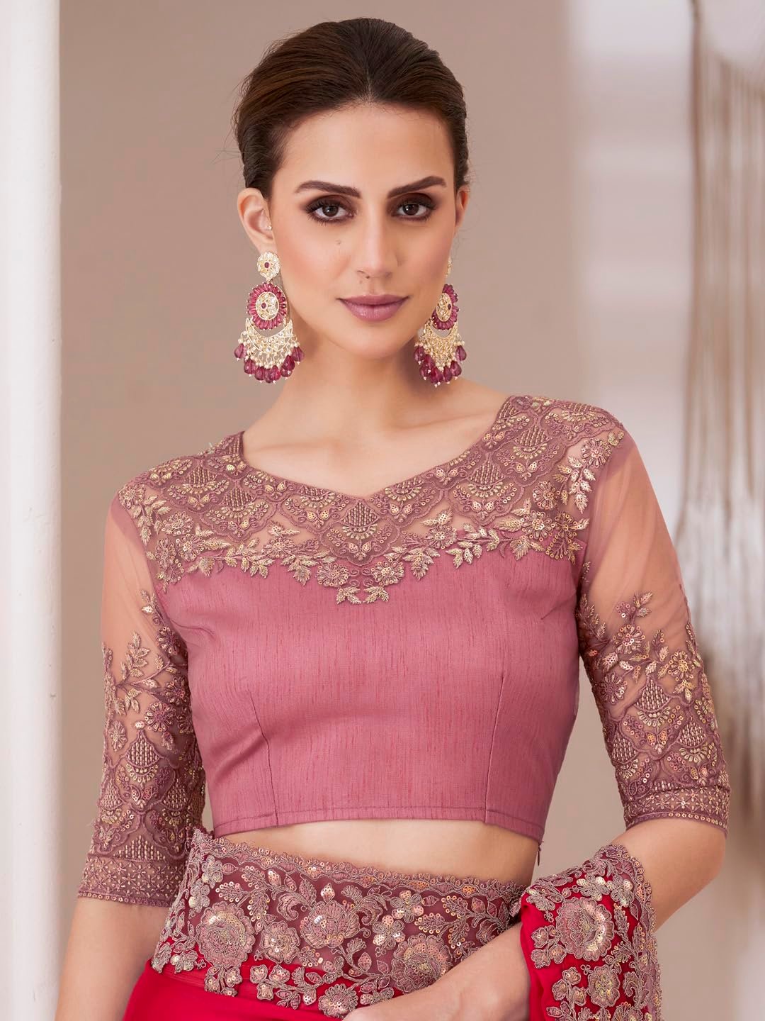 AKHILAM Women's Pink Pure Chiffon Embellished Saree With Unstitched Blouse (SNDLWOD1312_TFH) - Image 2