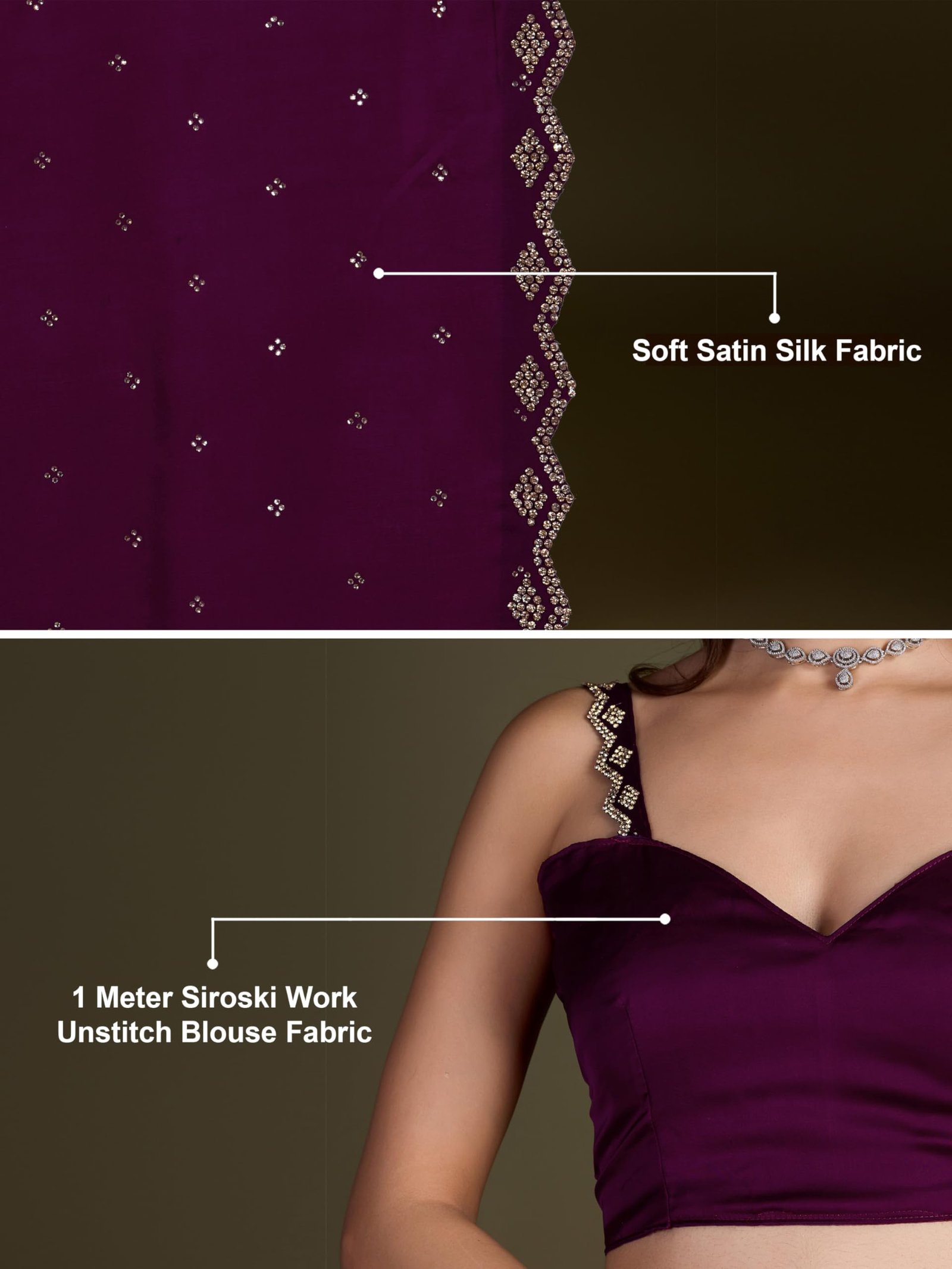 TRENDMALLS Women's Satin Silk Siroski Zarkan Work Saree with Unstitch Blouse Piece (K1102-Purple) - Image 6