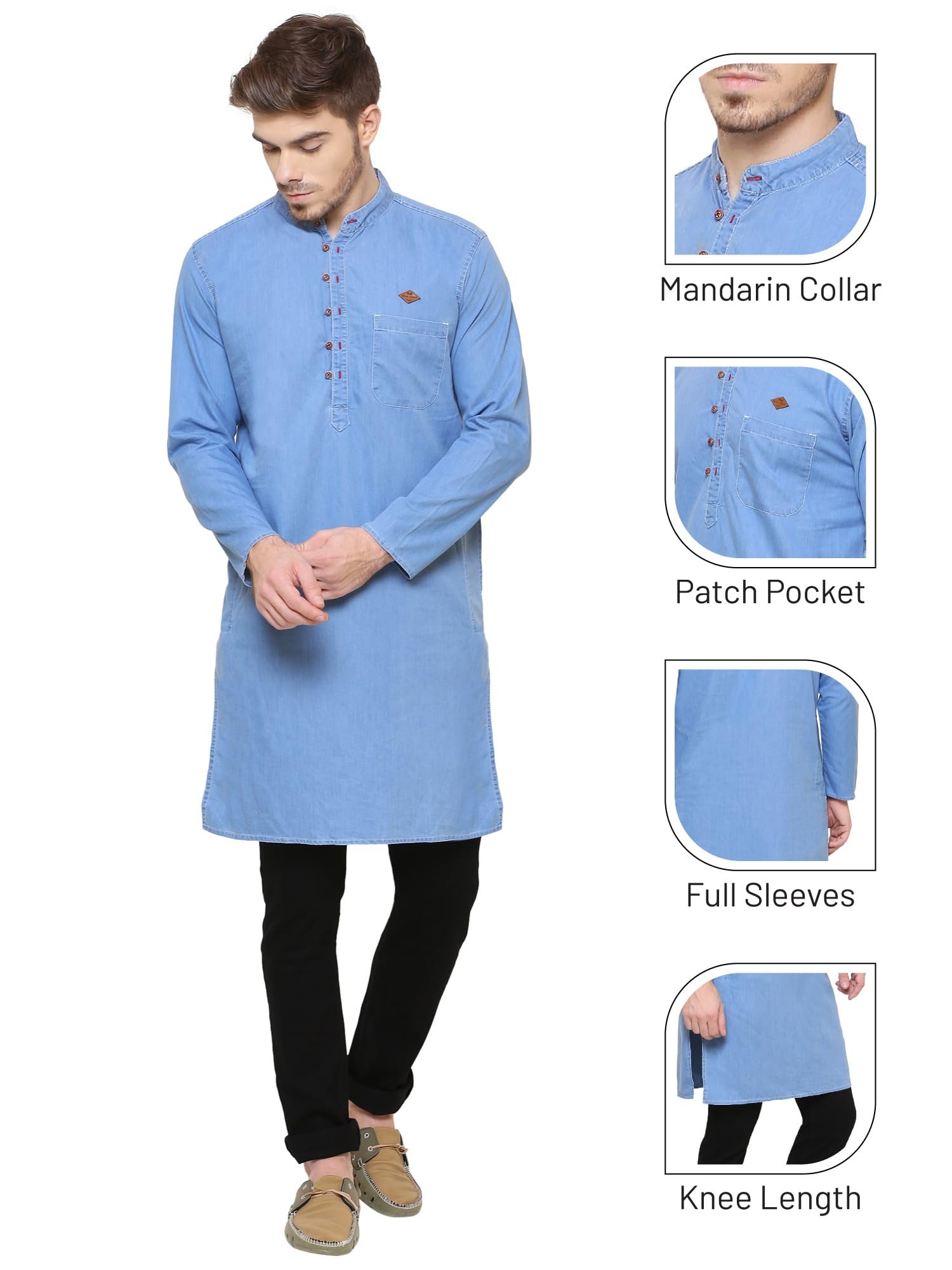 Kuons Avenue Men's Icewash Denim Long Kurta | Kurta Shirt for Men (KACLFS1243M_Icewash_Medium) - Image 4