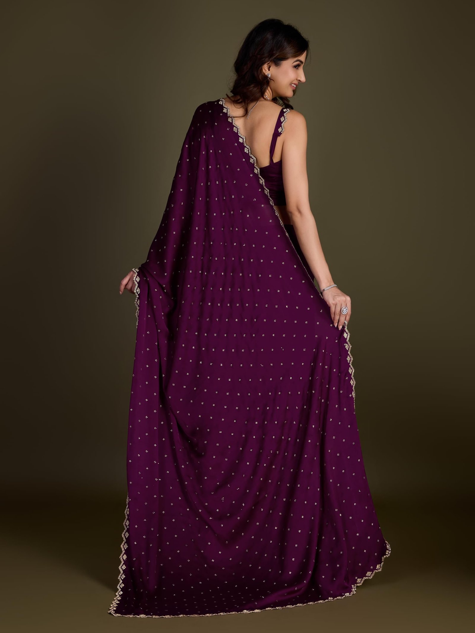 TRENDMALLS Women's Satin Silk Siroski Zarkan Work Saree with Unstitch Blouse Piece (K1102-Purple) - Image 9