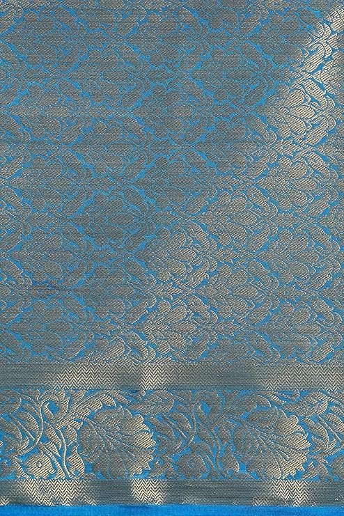 Simnder Women's Banarasi Silk Blue Leaf Print Saree With Golden Zari Work With Blouse Piece | Banarasi Wedding Silk Saree For Women | Bridal Sarees (Blue, Leaf Print) - Image 2