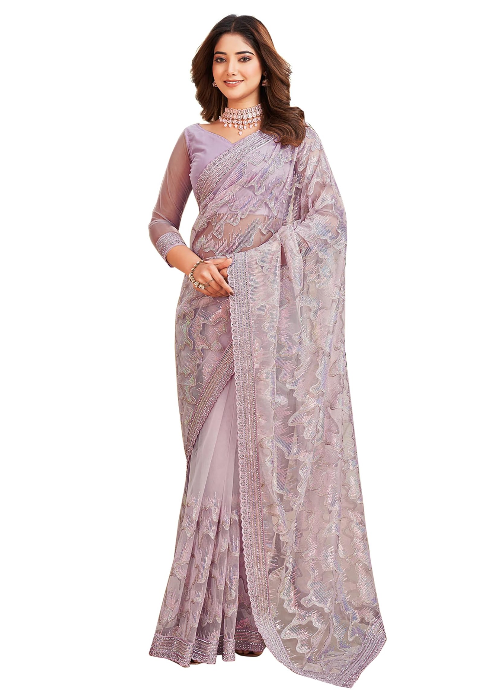 TRENDMALLS Women's Net Embroidery Stone, Sequin Work Saree with Unstitch Blouse Piece (K1126-Pink)