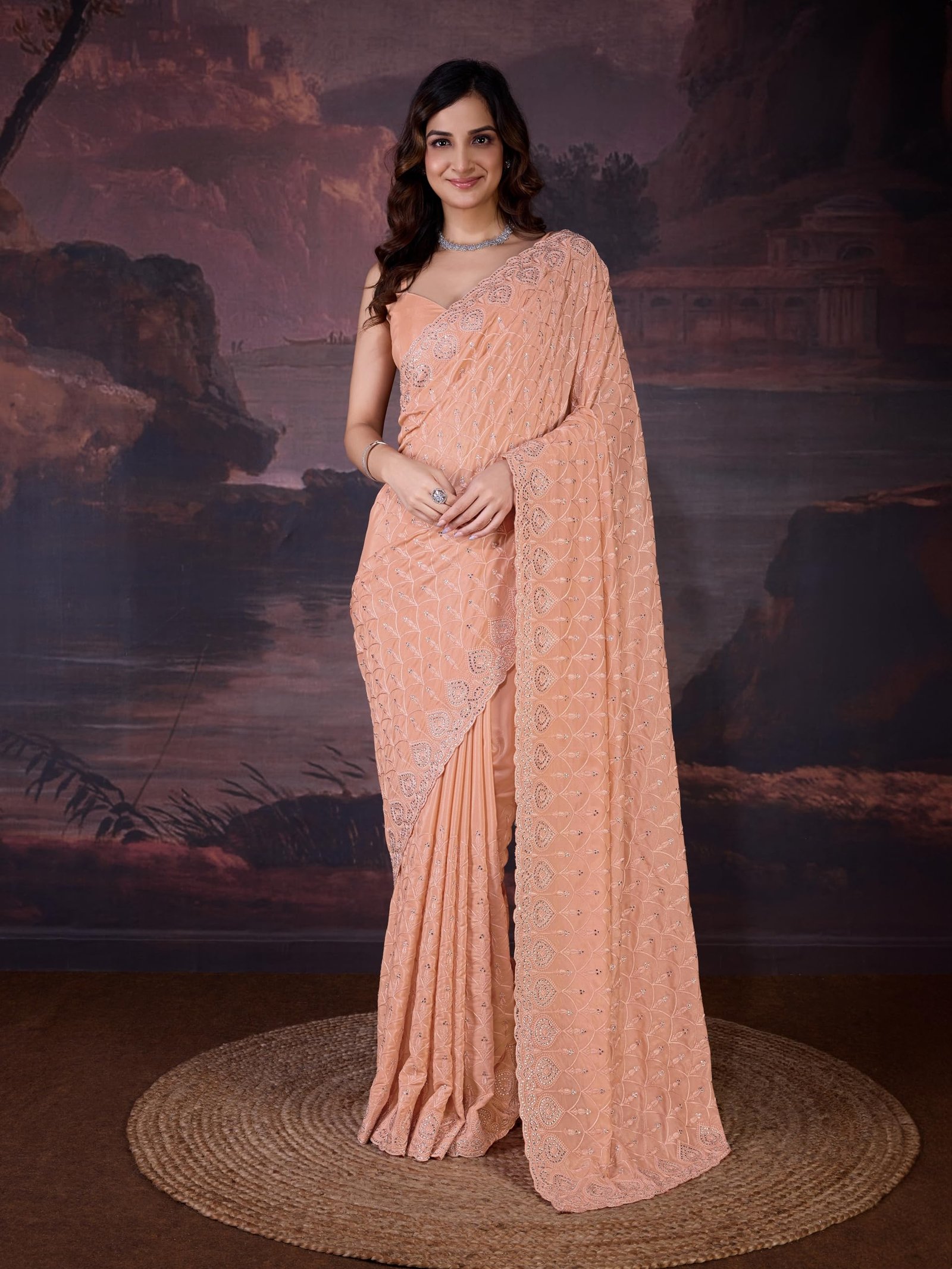 TRENDMALLS Women's Silk Embroidery Zarkan Work Saree with Unstitch Blouse Piece (K1129-Orange) - Image 2