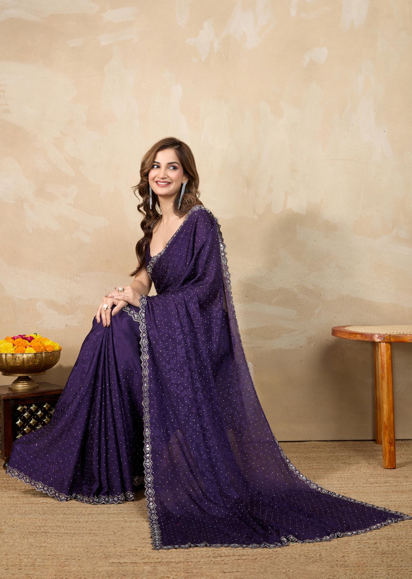 TRENDMALLS Women's Art Silk Siroski Mirror Work Saree with Unstitch Blouse Piece (K1156-Purple) - Image 6