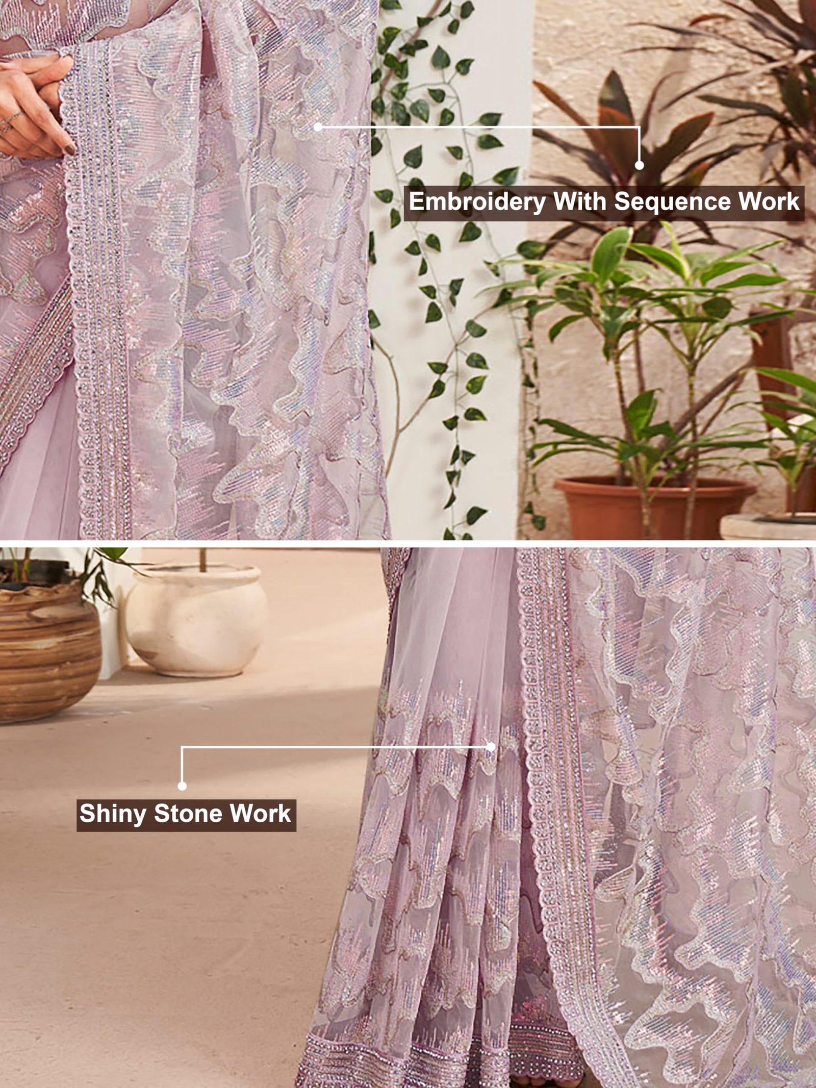 TRENDMALLS Women's Net Embroidery Stone, Sequin Work Saree with Unstitch Blouse Piece (K1126-Pink) - Image 3