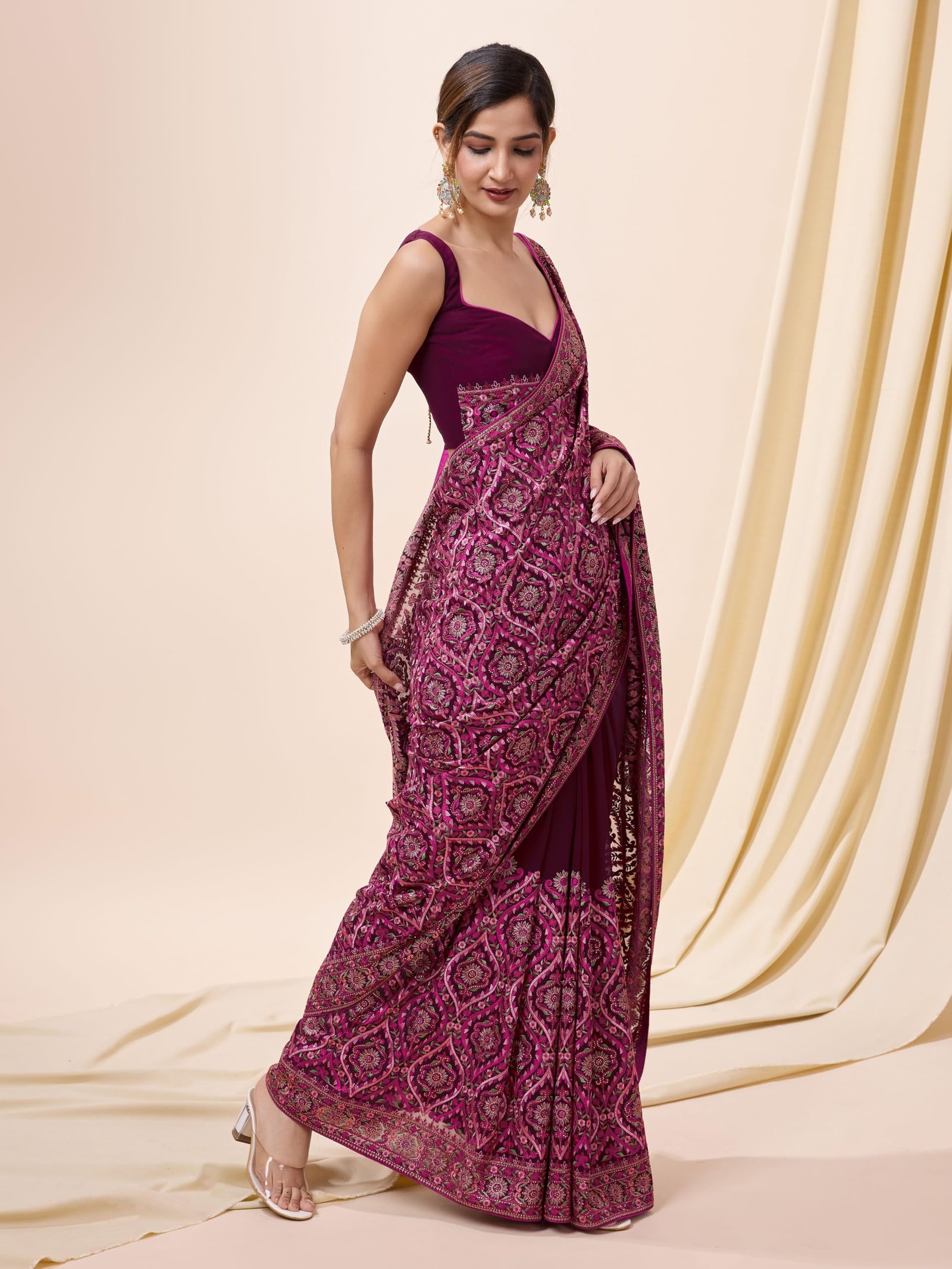 TRENDMALLS Women's Vichitra Silk Embroidery, Siroski Work Saree with Unstitch Blouse Piece (K1088-Pink) - Image 5