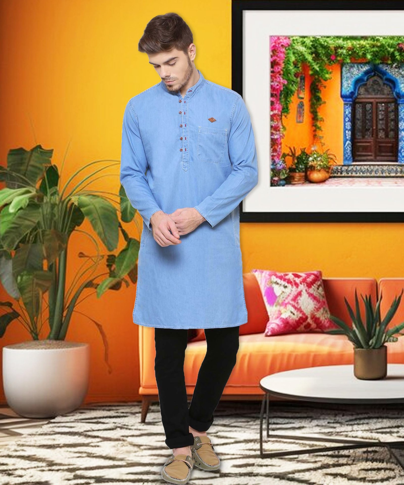Kuons Avenue Men's Icewash Denim Long Kurta | Kurta Shirt for Men (KACLFS1243M_Icewash_Medium) - Image 6