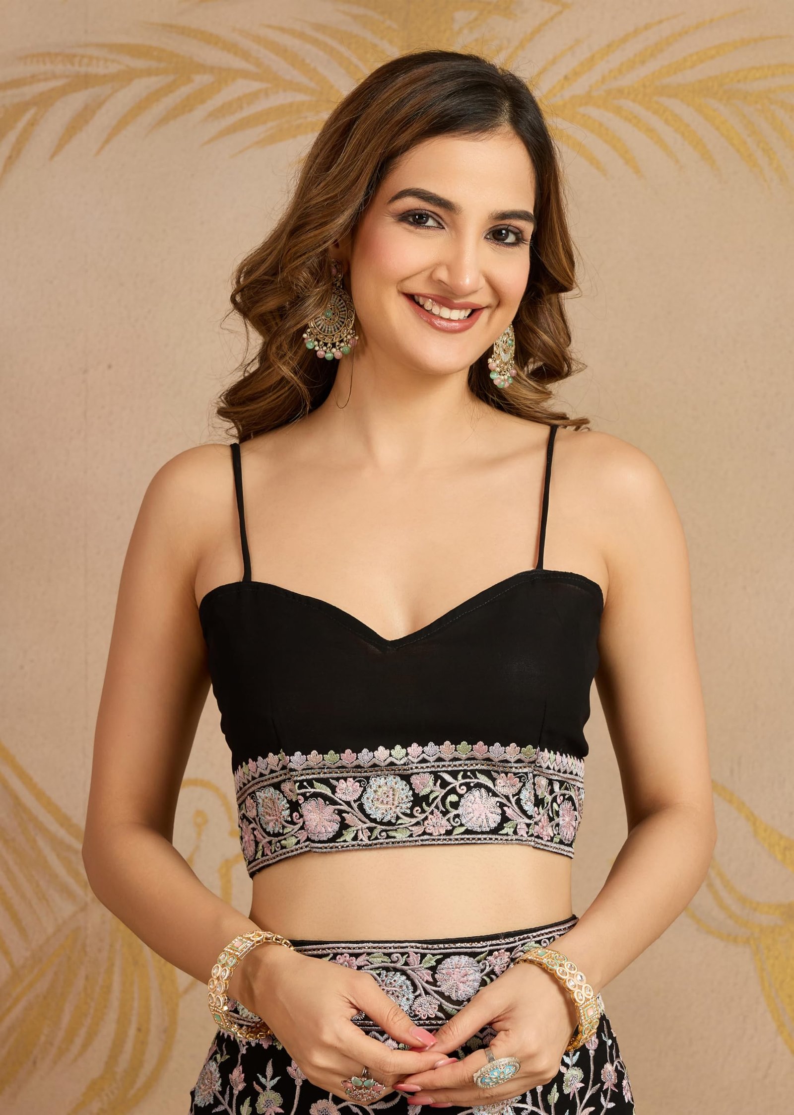 TRENDMALLS Women's Georgette Multi Colour Resham Thread Embroidery with Siroski work Saree with Unstitched Blouse Piece - Image 9