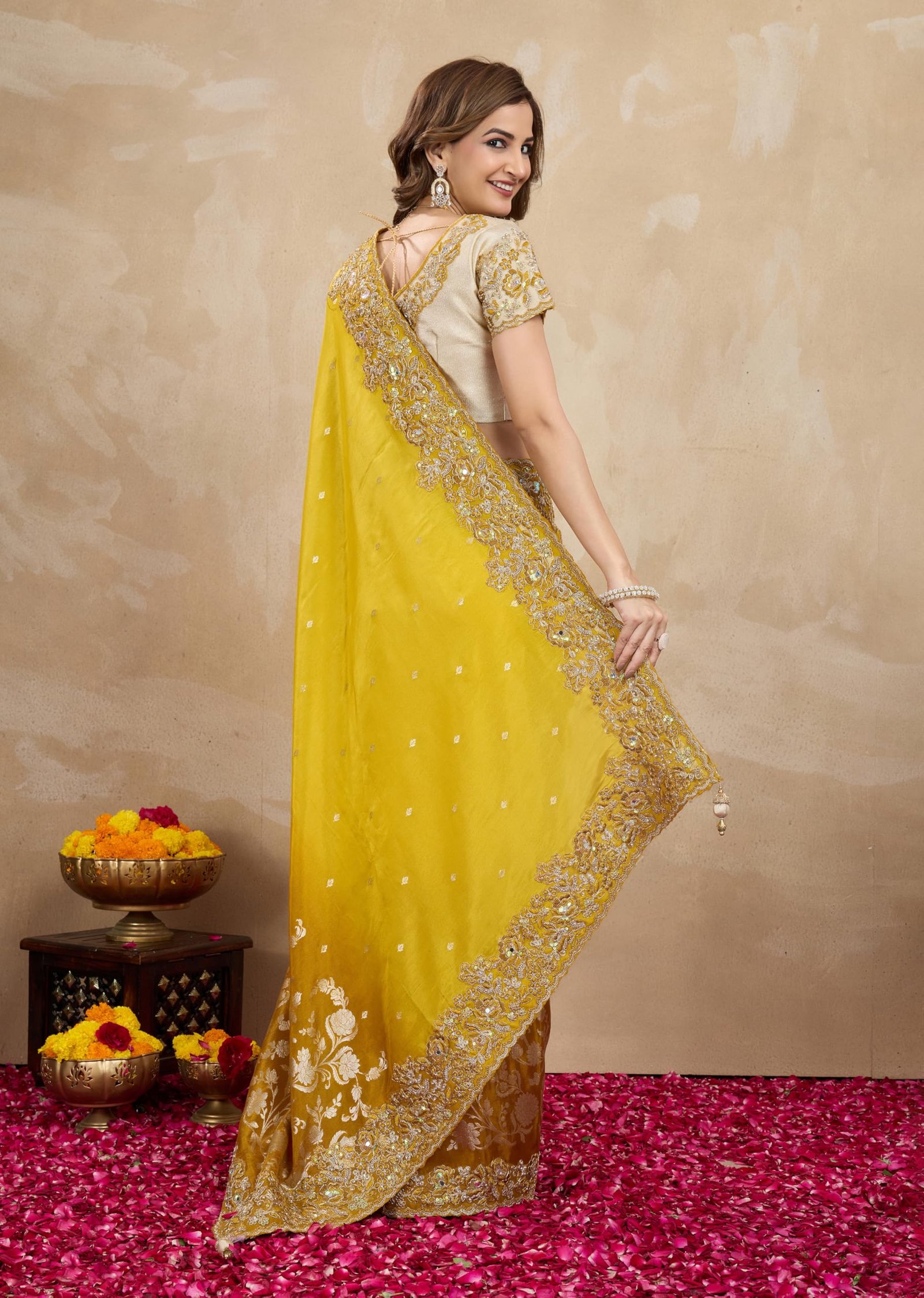 TRENDMALLS Women's Jacquard Silk Embroidery Saree with Unstitched Blouse Piece (K1178-Yellow) - Image 9