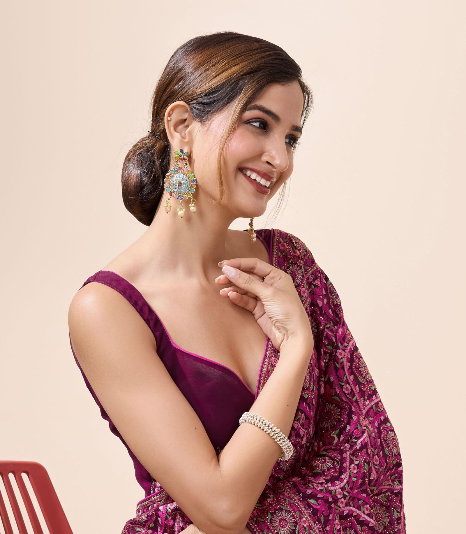 TRENDMALLS Women's Vichitra Silk Embroidery, Siroski Work Saree with Unstitch Blouse Piece (K1088-Pink) - Image 3