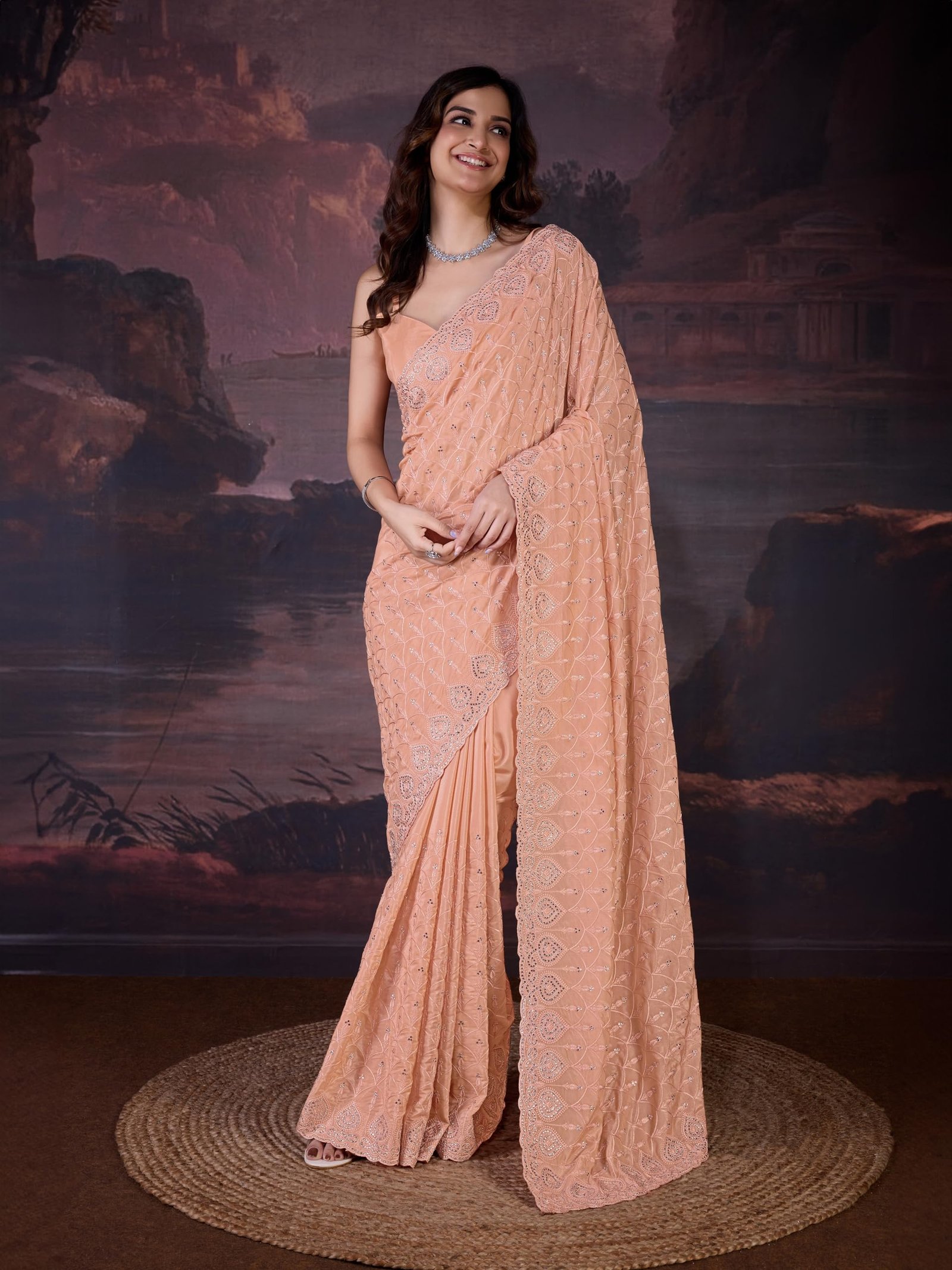 TRENDMALLS Women's Silk Embroidery Zarkan Work Saree with Unstitch Blouse Piece (K1129-Orange) - Image 3