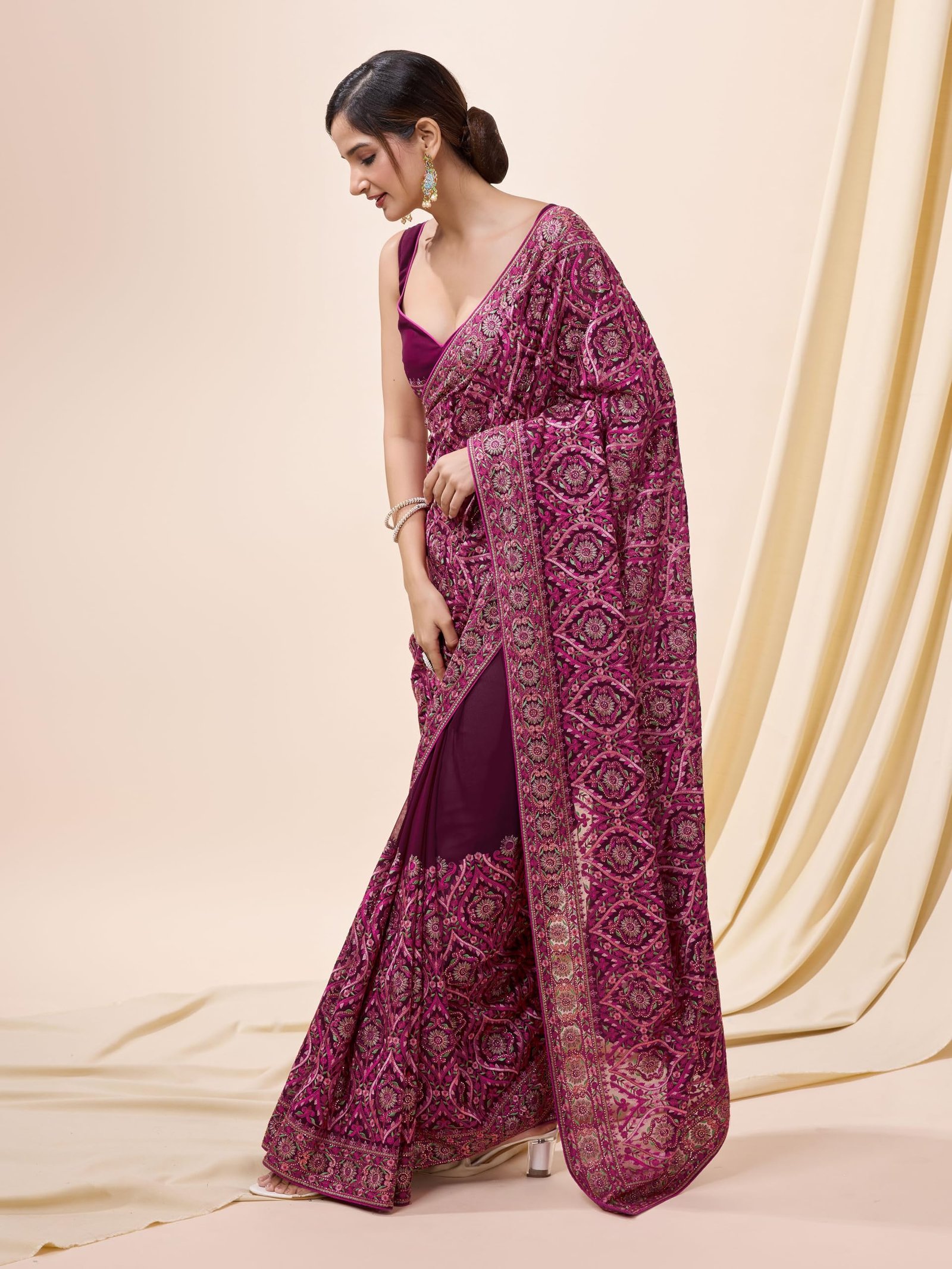 TRENDMALLS Women's Vichitra Silk Embroidery, Siroski Work Saree with Unstitch Blouse Piece (K1088-Pink) - Image 4