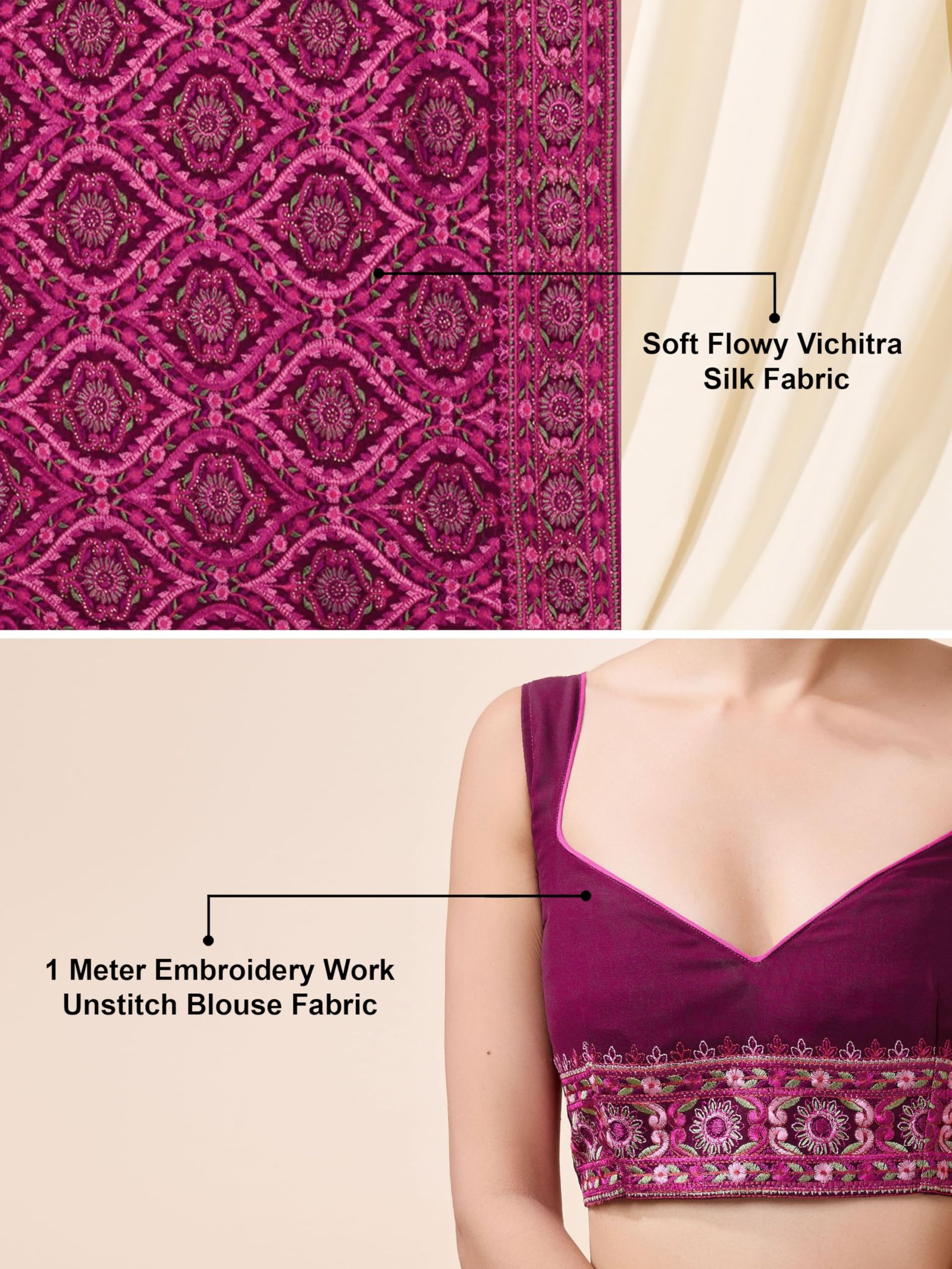 TRENDMALLS Women's Vichitra Silk Embroidery, Siroski Work Saree with Unstitch Blouse Piece (K1088-Pink) - Image 6