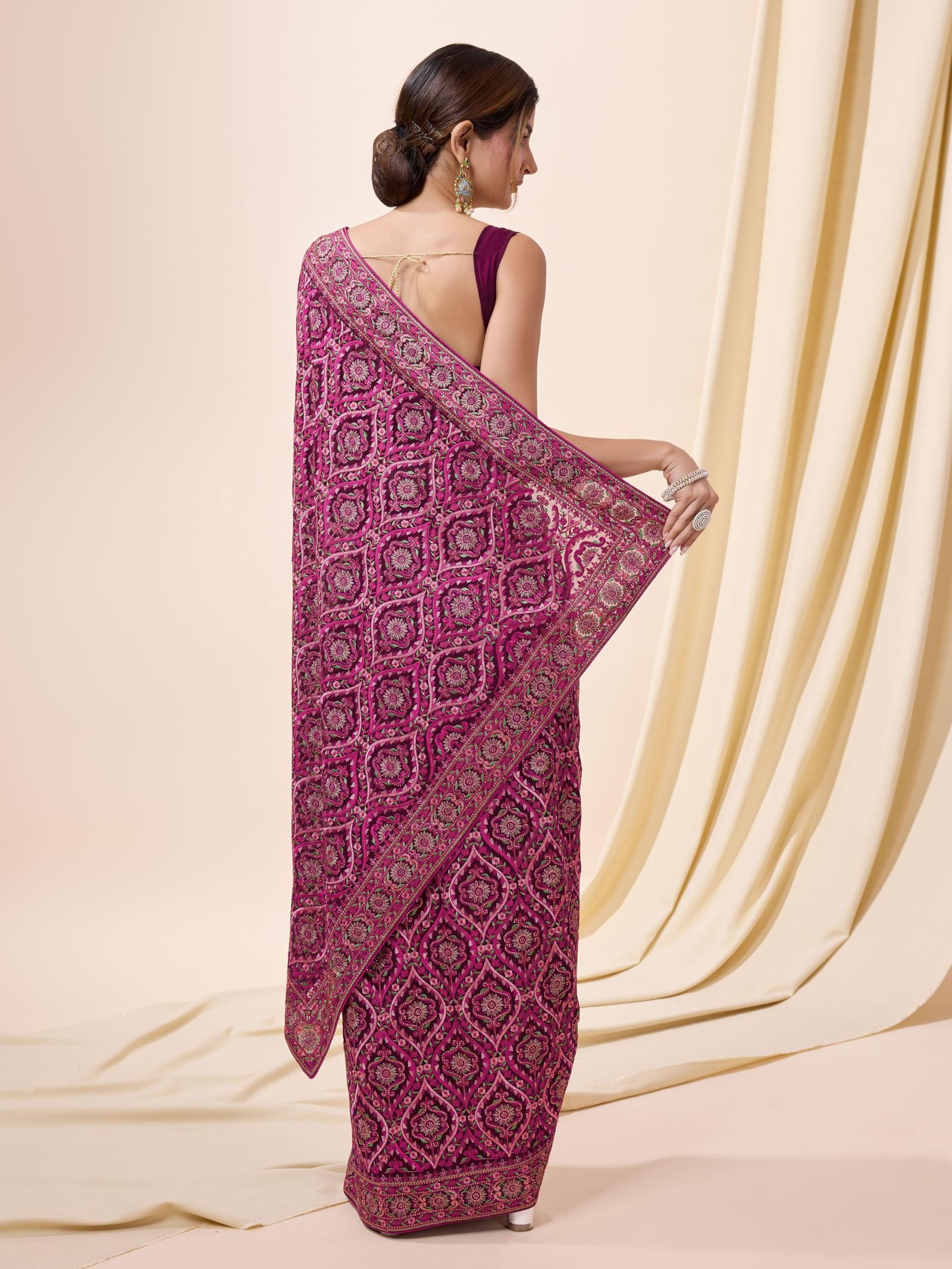 TRENDMALLS Women's Vichitra Silk Embroidery, Siroski Work Saree with Unstitch Blouse Piece (K1088-Pink) - Image 9