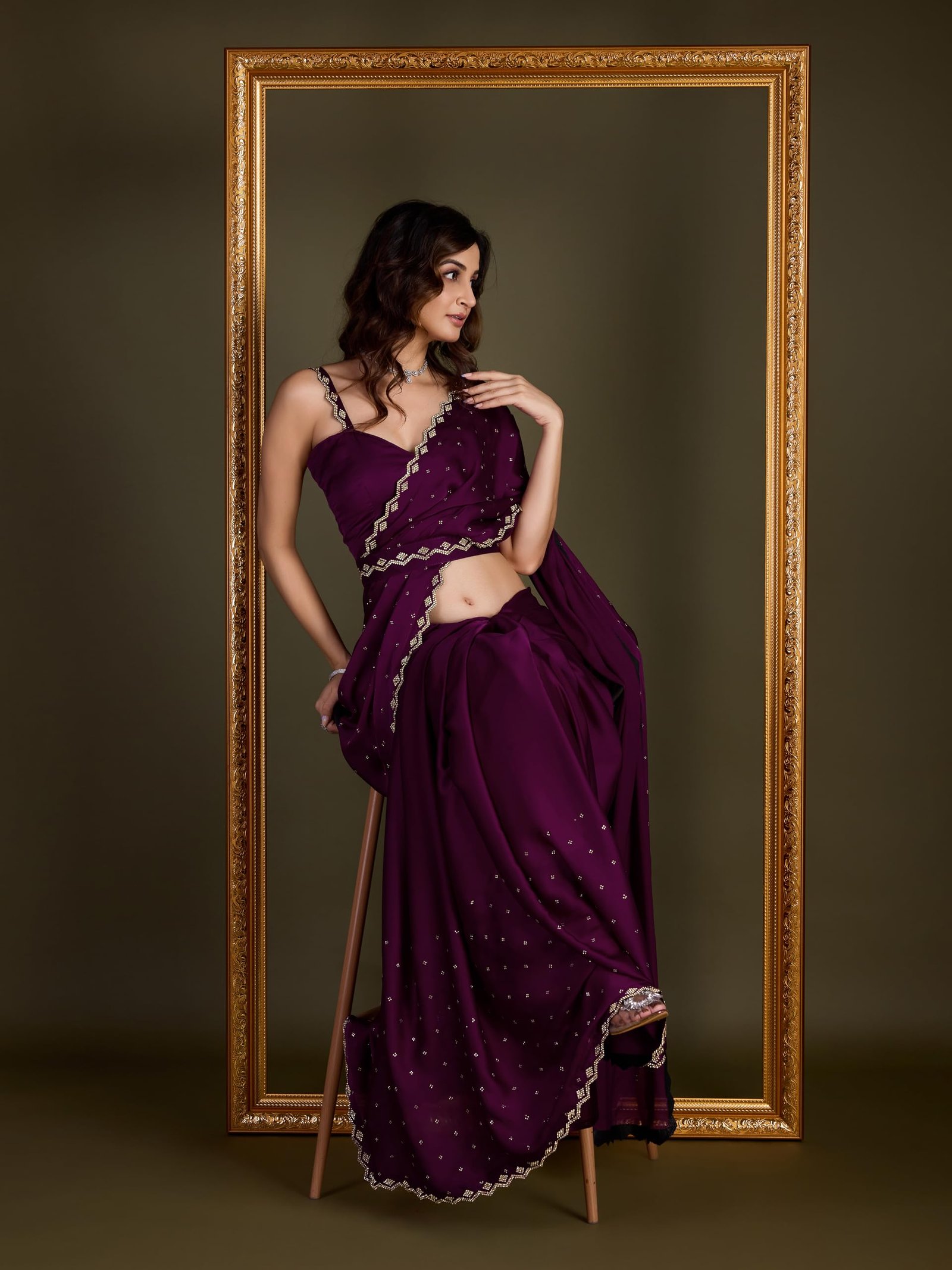TRENDMALLS Women's Satin Silk Siroski Zarkan Work Saree with Unstitch Blouse Piece (K1102-Purple) - Image 5