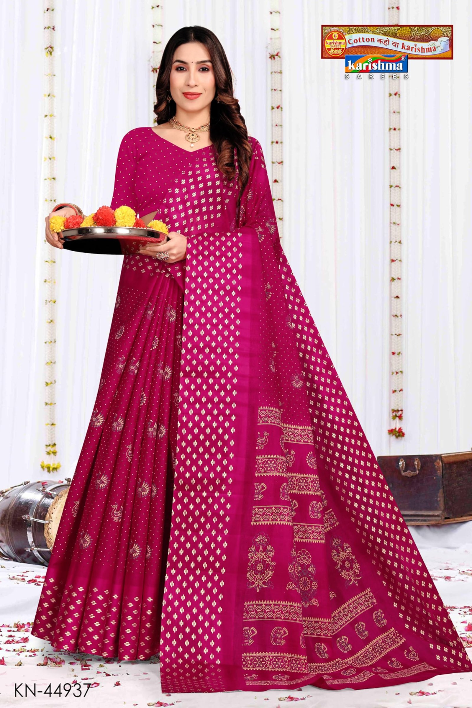 Karishma Sarees Butti Motif Design Gold Printed Festive Cotton Saree (Pink) - Image 4