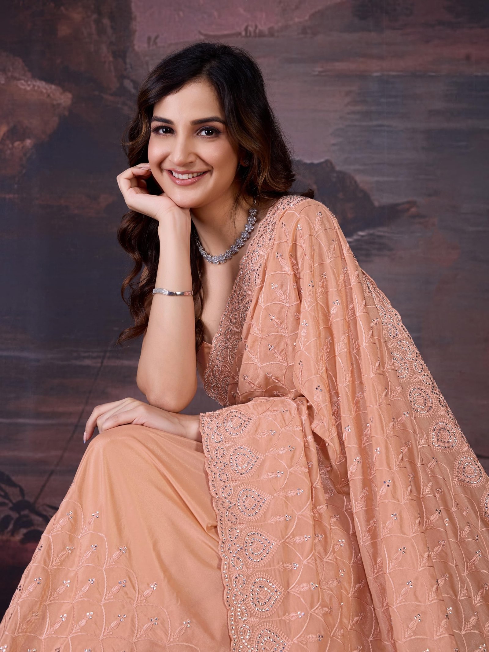 TRENDMALLS Women's Silk Embroidery Zarkan Work Saree with Unstitch Blouse Piece (K1129-Orange) - Image 5