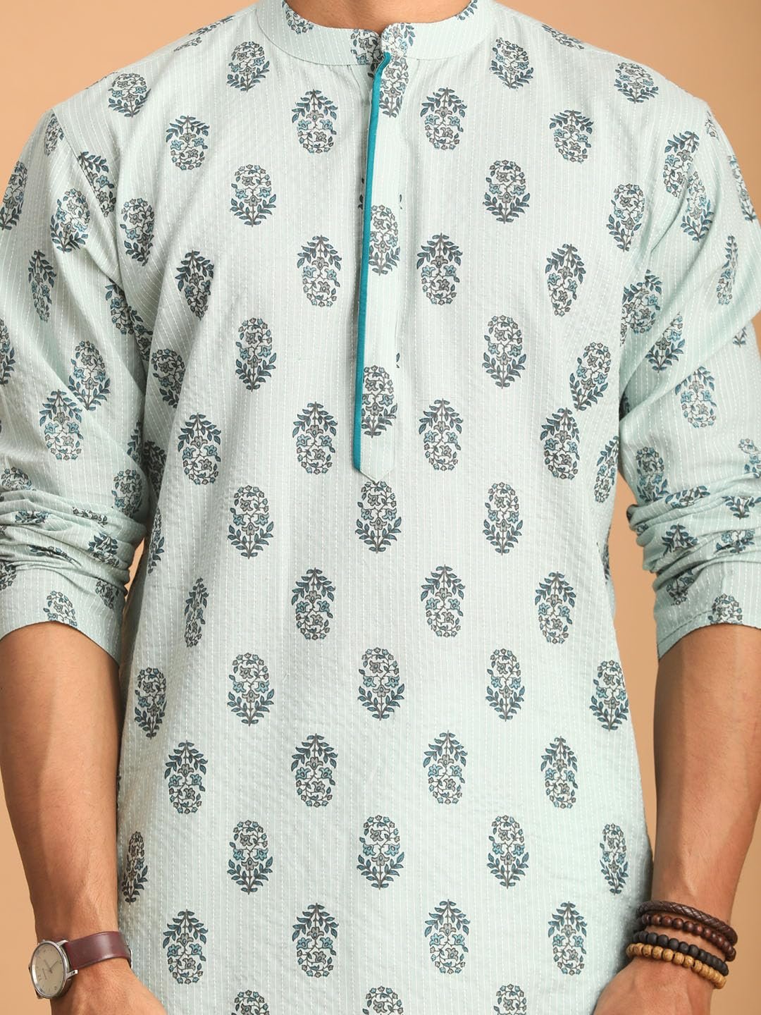 Shvaas By Vastramay Men's Aqua Cotton Knee Length Kurta - L_VSHVMK195_40 - Image 4