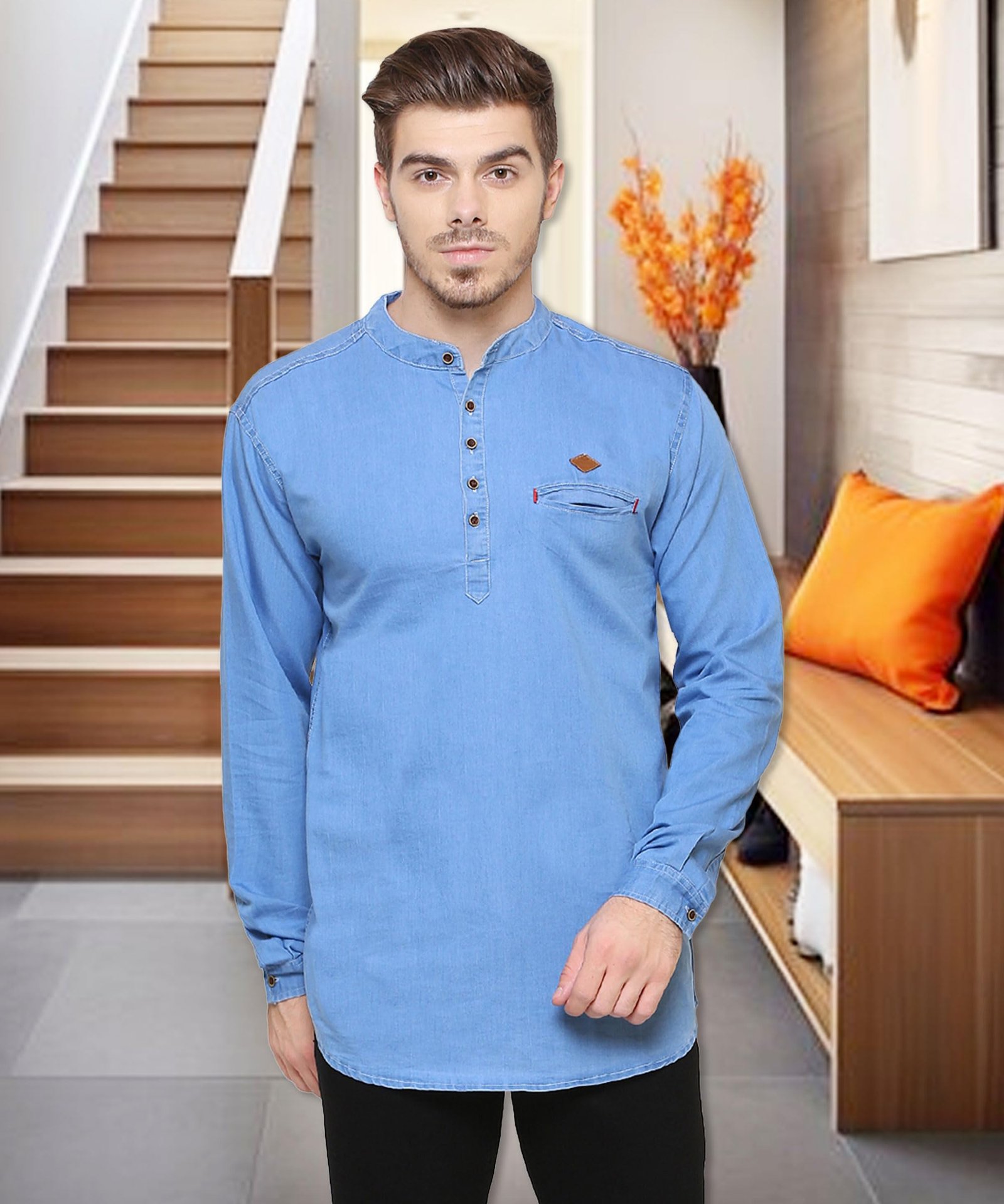 Kuons Avenue Men's Tailored Fit Denim Short Kurta (KACLFS1169E-XL_Sky Blue_X-Large) - Image 6