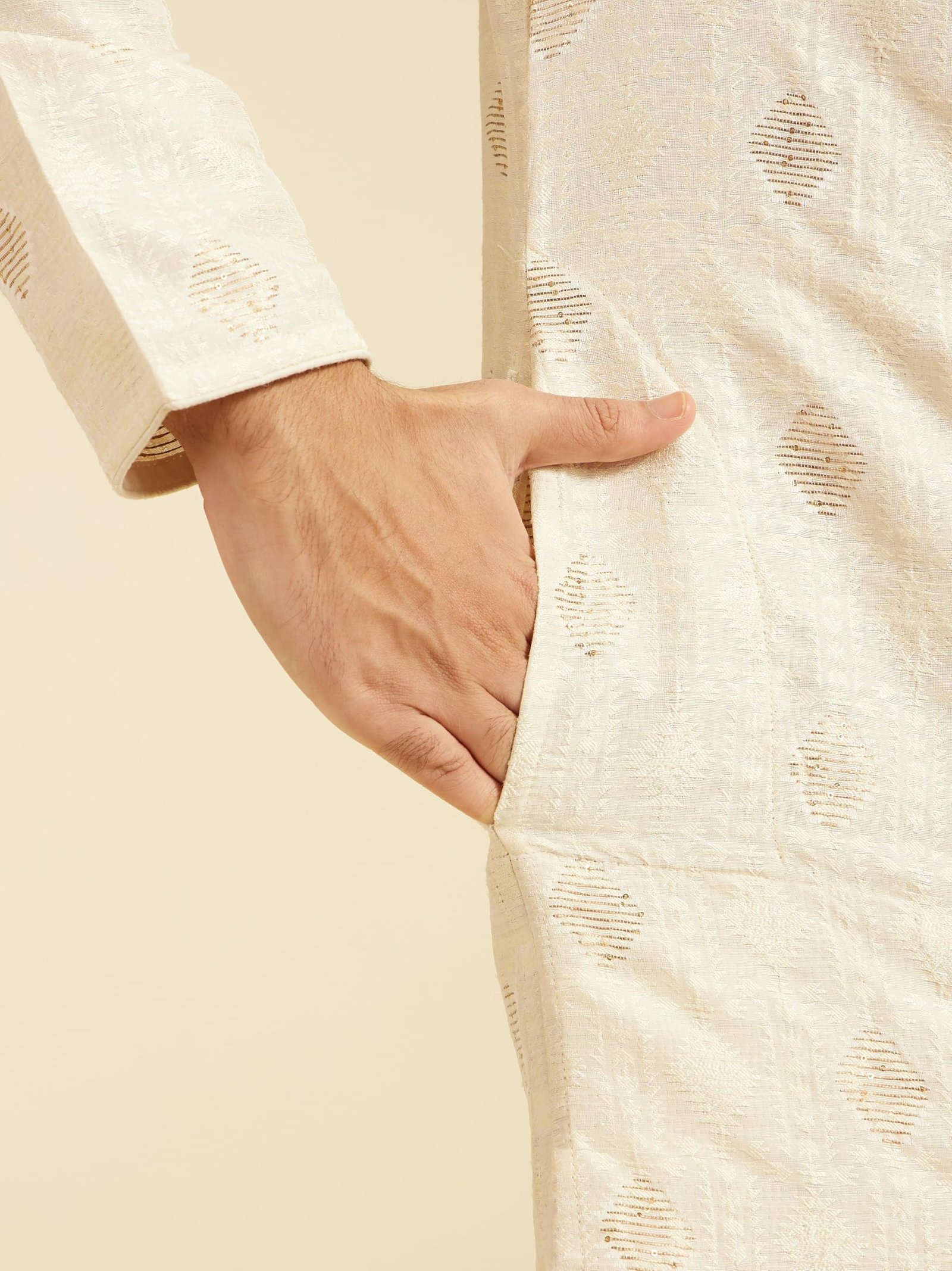 DIWAS BY MANYAVAR Men's Brocade | Jacquard Weave Kurta (Cream,XXXL) - Image 4