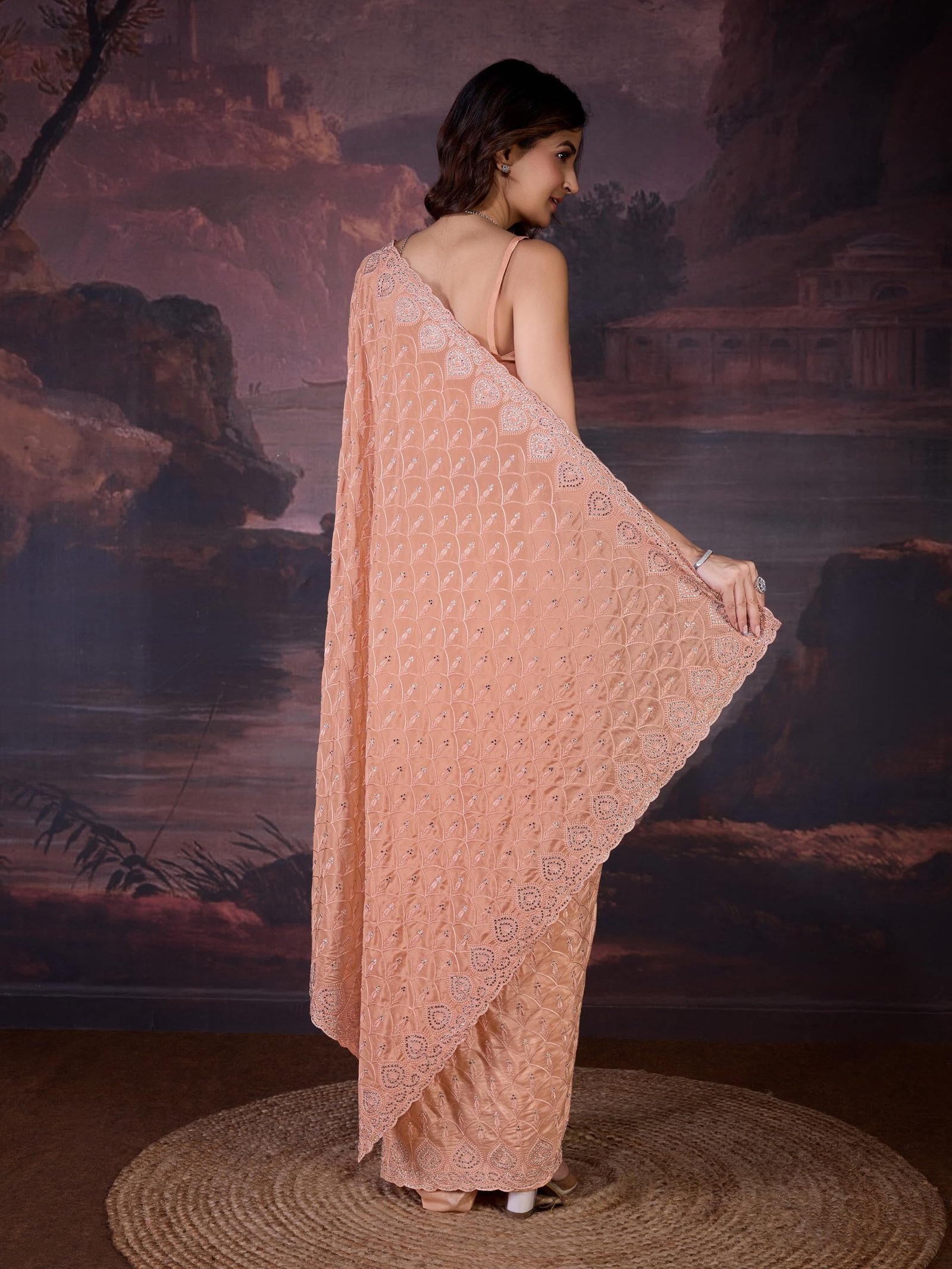 TRENDMALLS Women's Silk Embroidery Zarkan Work Saree with Unstitch Blouse Piece (K1129-Orange) - Image 9