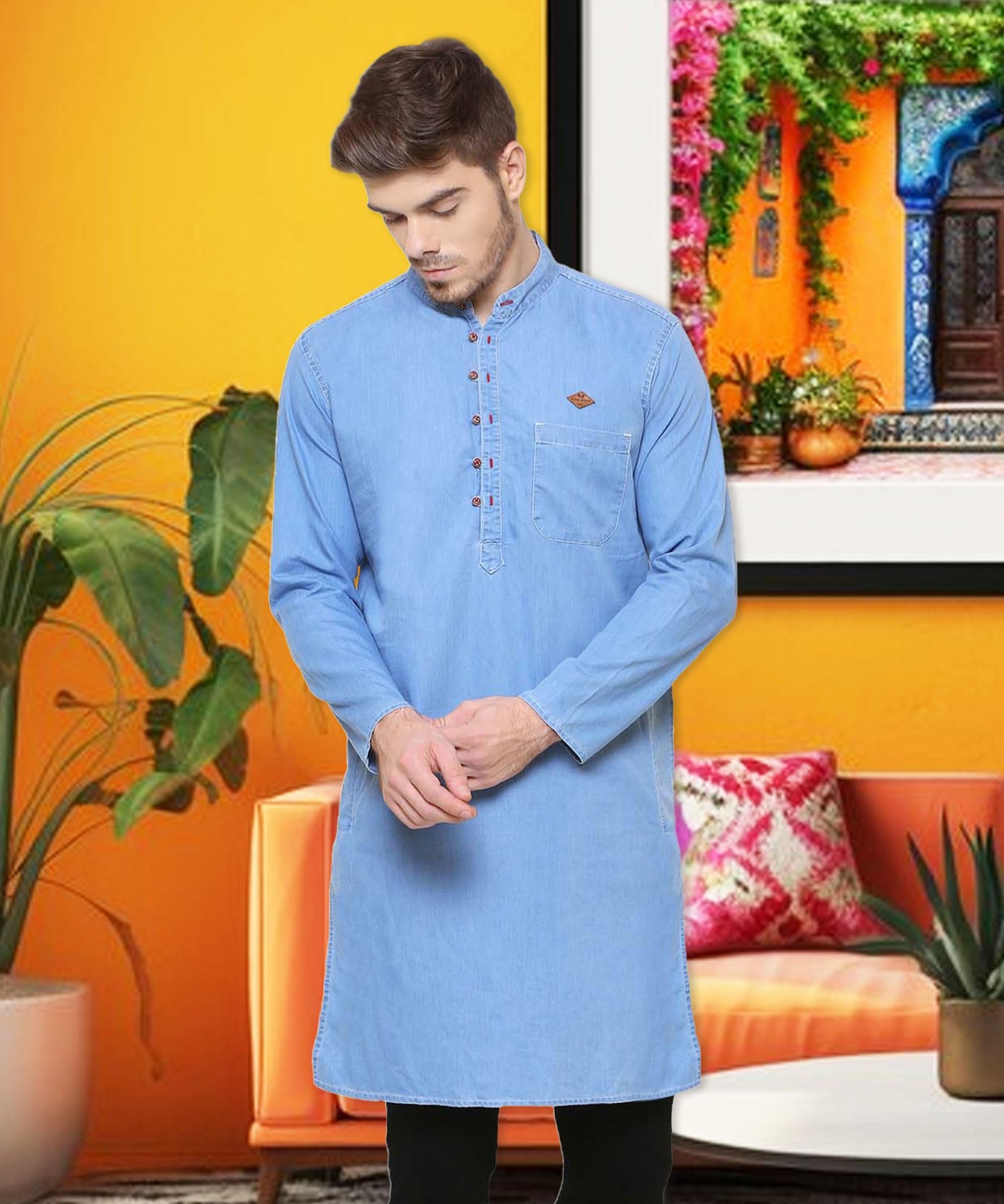 Kuons Avenue Men's Icewash Denim Long Kurta | Kurta Shirt for Men (KACLFS1243M_Icewash_Medium) - Image 7
