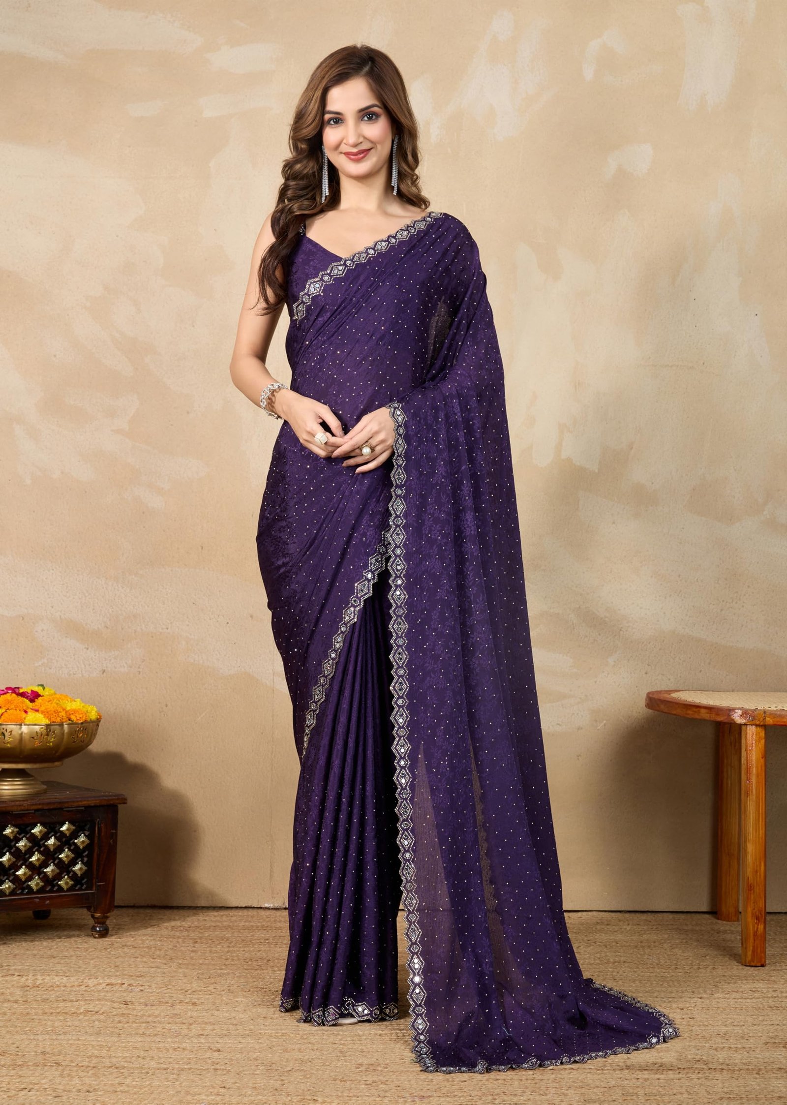 TRENDMALLS Women's Art Silk Siroski Mirror Work Saree with Unstitch Blouse Piece (K1156-Purple) - Image 2