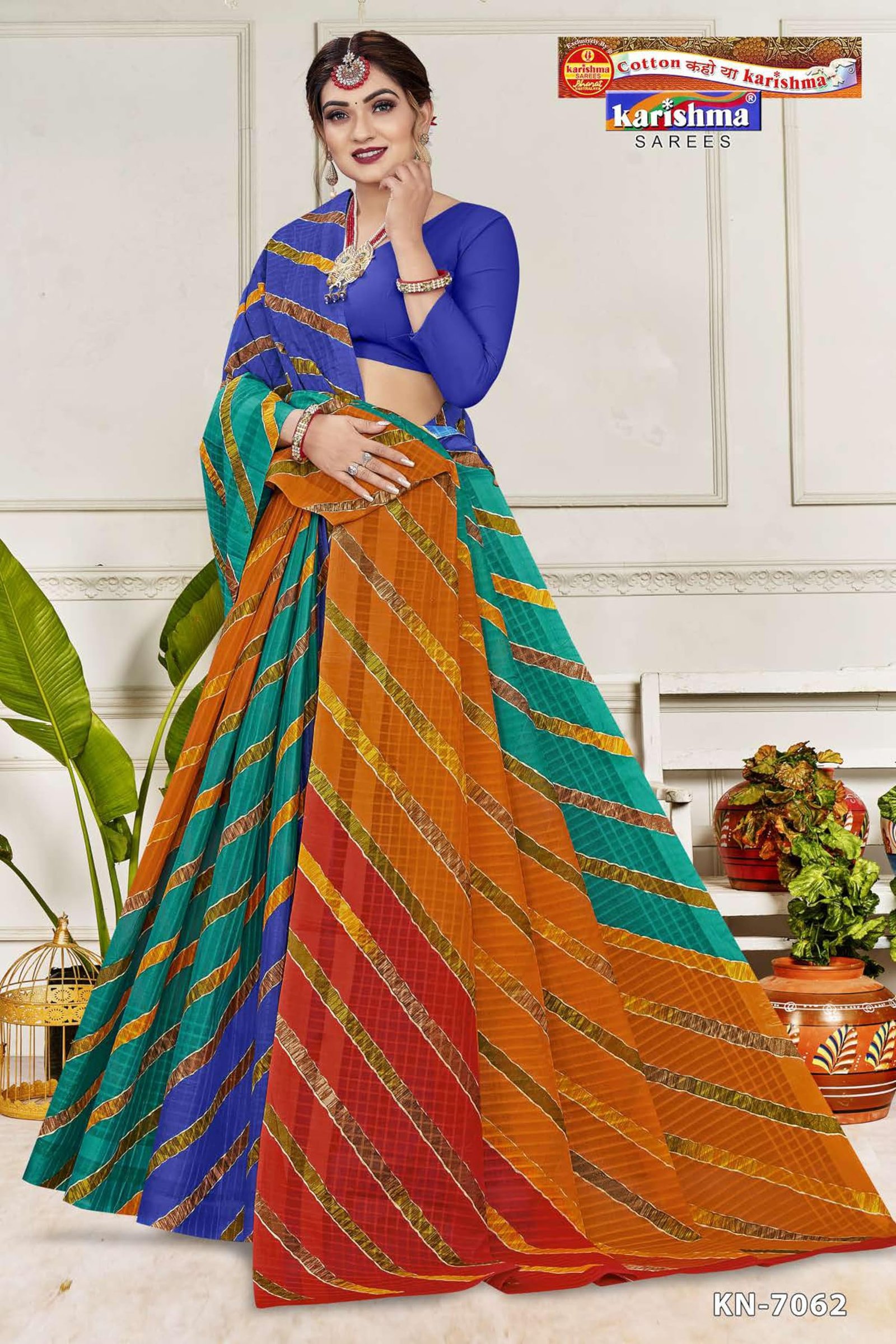 Karishma Sarees Women's Traditional Multicolour Leheriya Design Pattern Printed Pure Cotton Saree (Navy) - Image 5