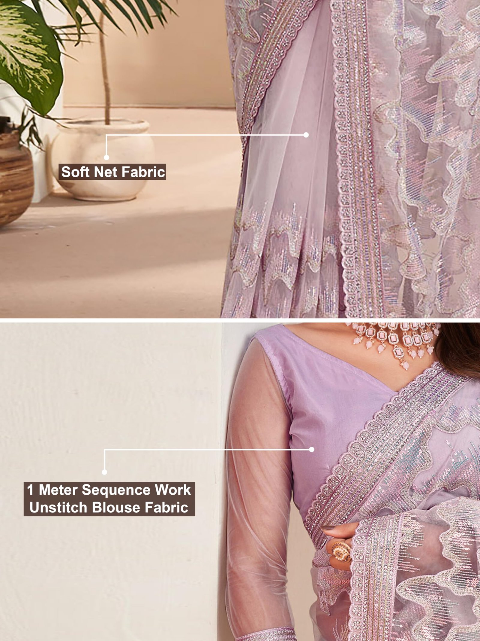 TRENDMALLS Women's Net Embroidery Stone, Sequin Work Saree with Unstitch Blouse Piece (K1126-Pink) - Image 2