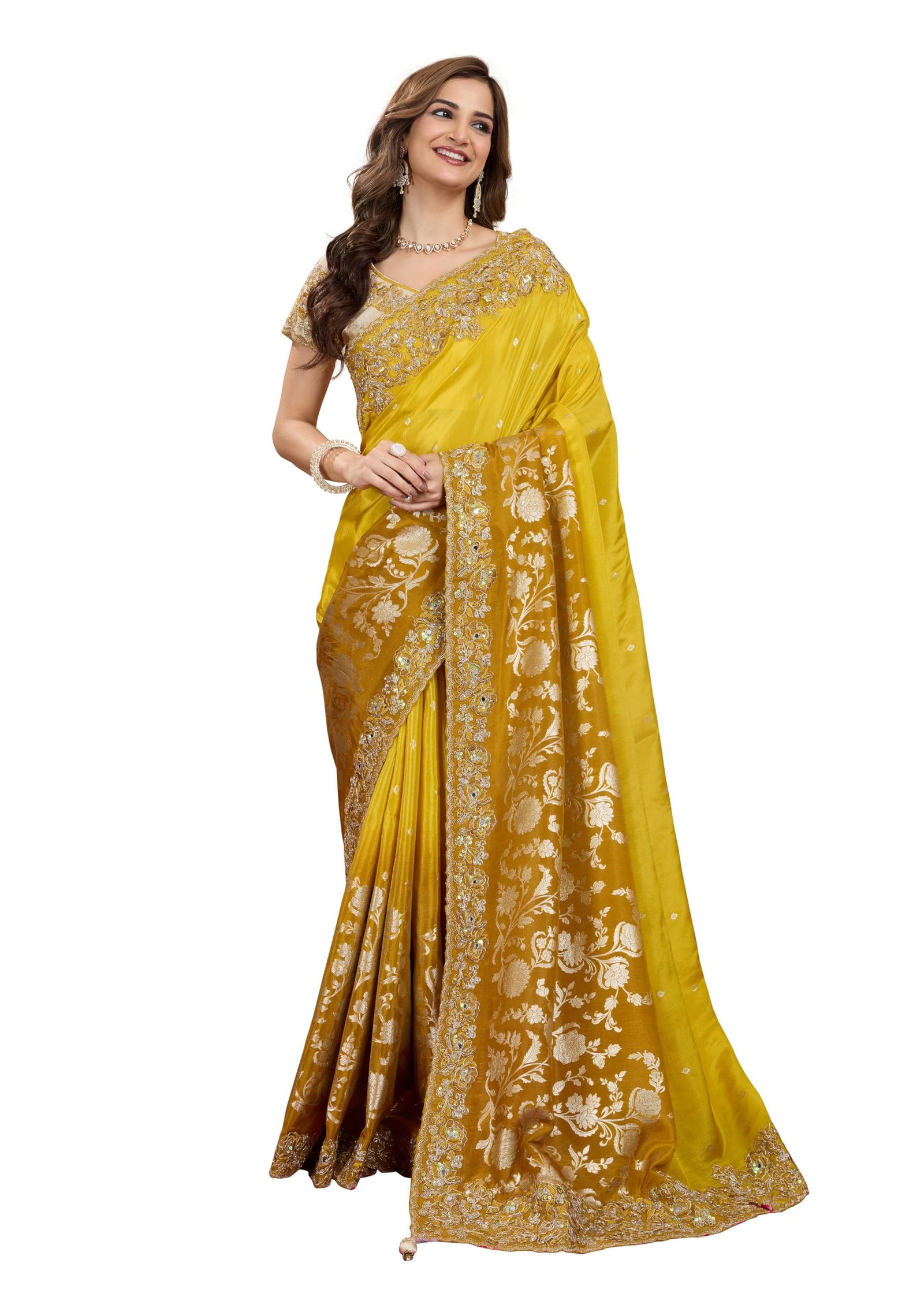 TRENDMALLS Women's Jacquard Silk Embroidery Saree with Unstitched Blouse Piece (K1178-Yellow)