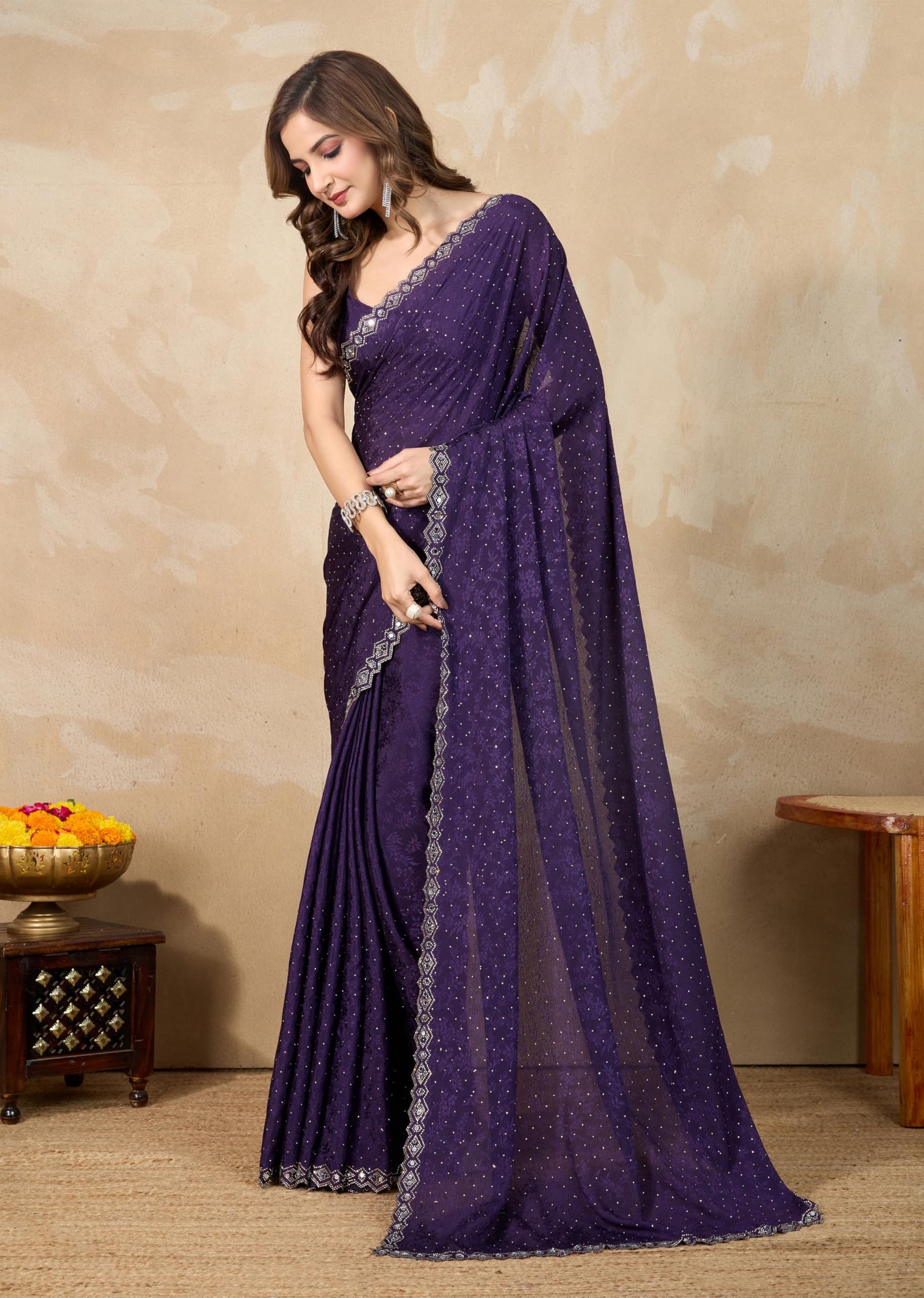 TRENDMALLS Women's Art Silk Siroski Mirror Work Saree with Unstitch Blouse Piece (K1156-Purple) - Image 7