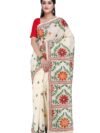 Ruprekha Fashion Women's Beige Colour Pure Tussar Silk Hand Embroidered Floral Motif Kantha Stitch Saree From Bengal