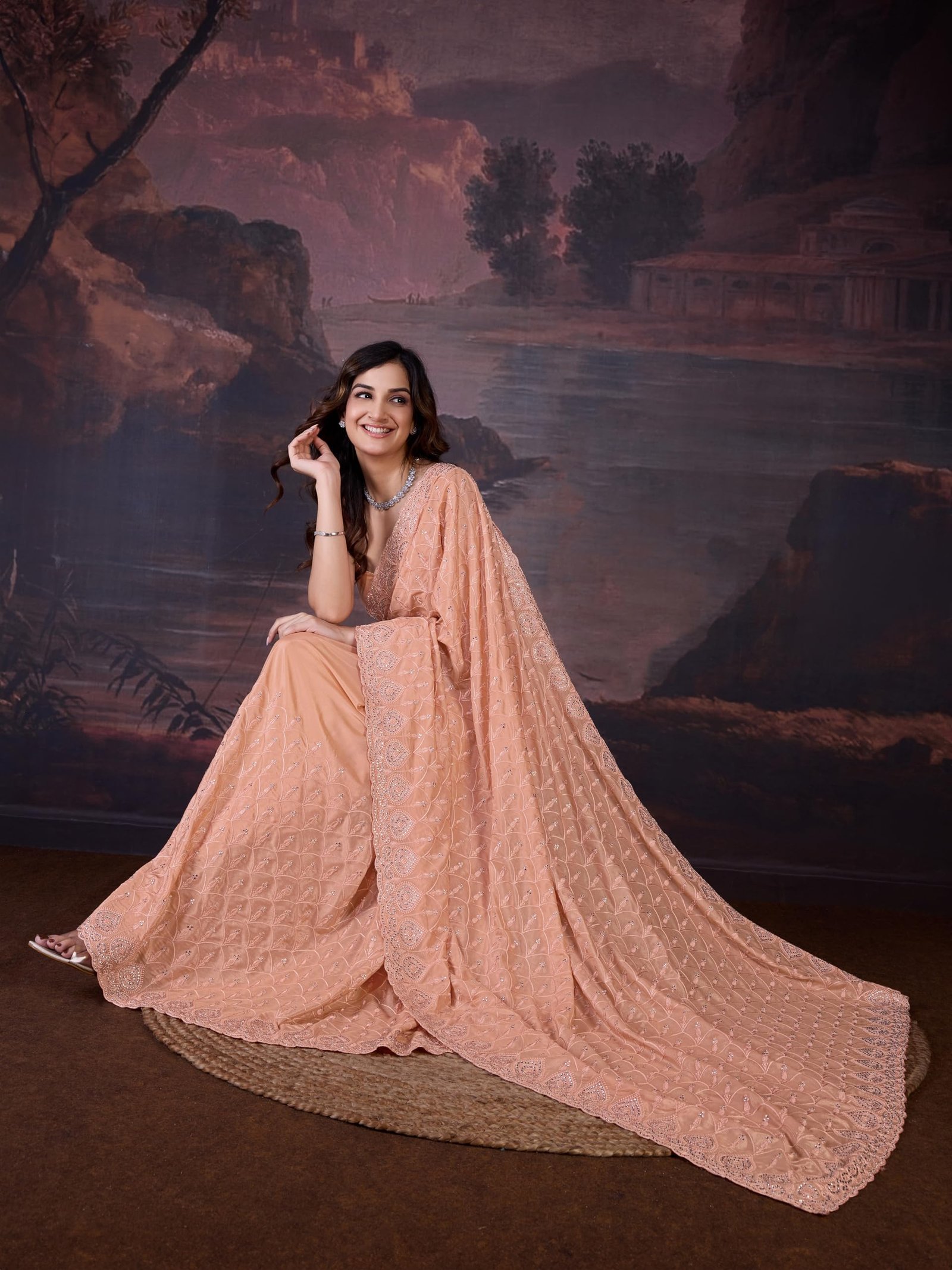 TRENDMALLS Women's Silk Embroidery Zarkan Work Saree with Unstitch Blouse Piece (K1129-Orange) - Image 4