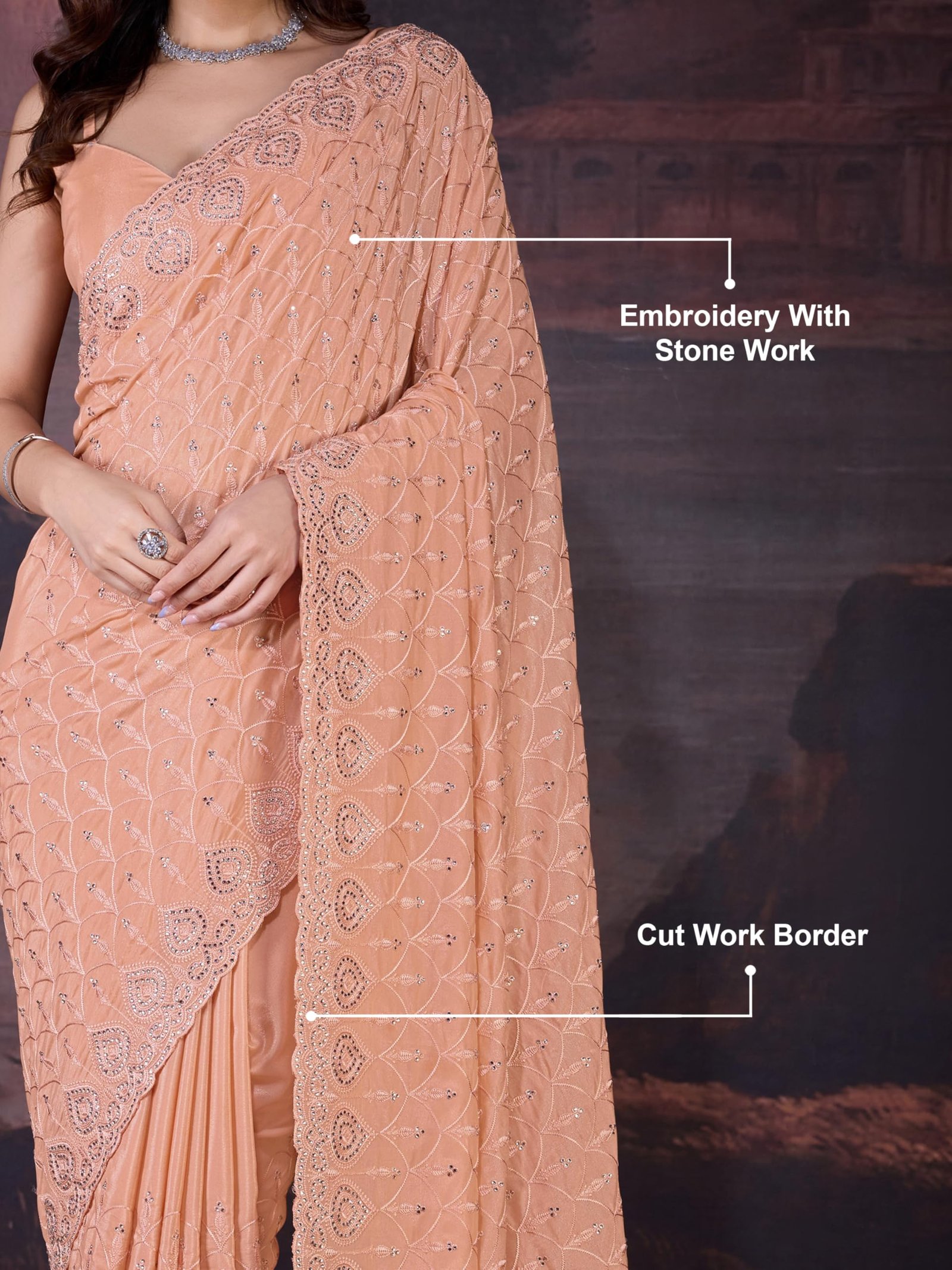 TRENDMALLS Women's Silk Embroidery Zarkan Work Saree with Unstitch Blouse Piece (K1129-Orange) - Image 7