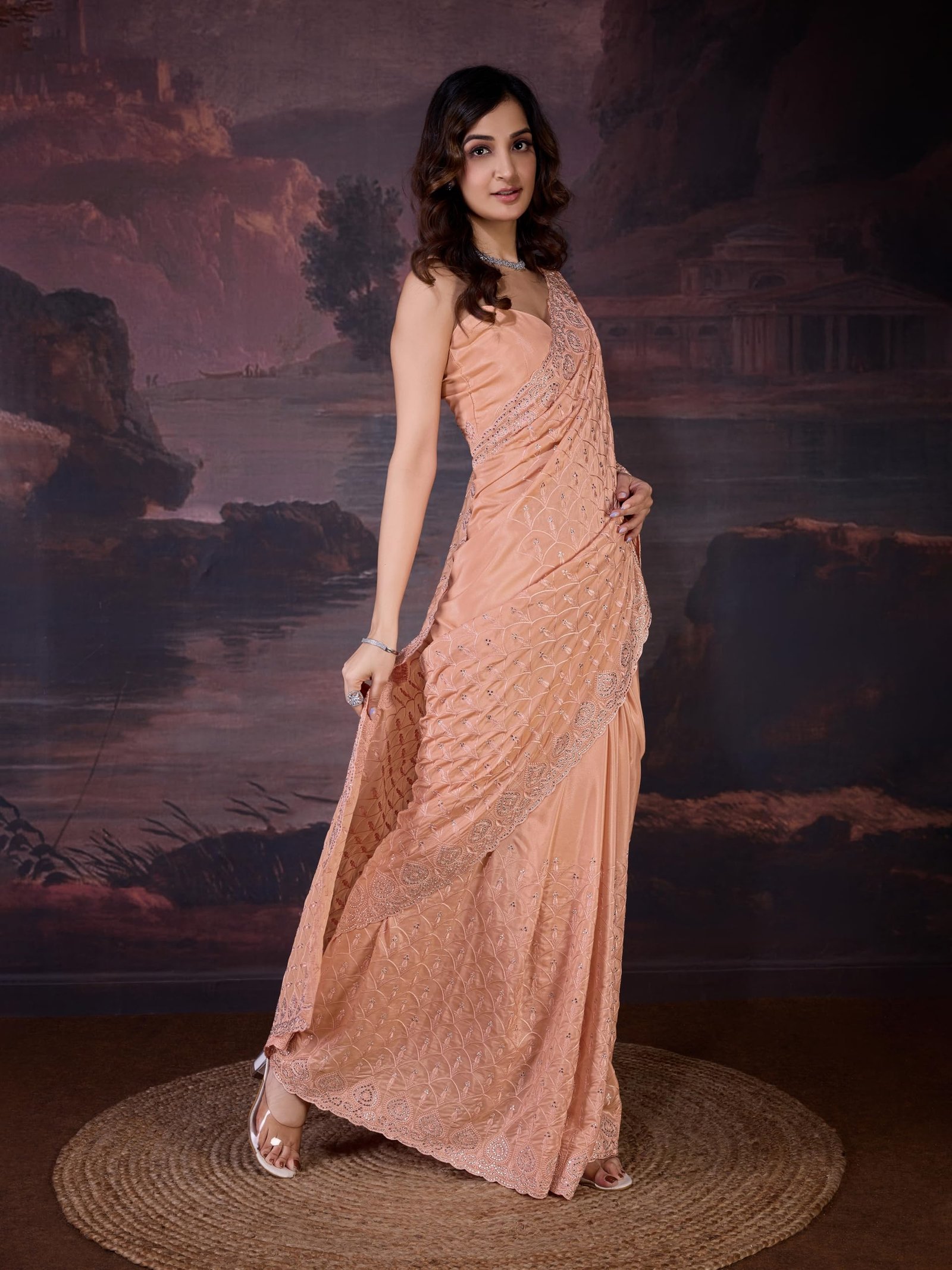 TRENDMALLS Women's Silk Embroidery Zarkan Work Saree with Unstitch Blouse Piece (K1129-Orange) - Image 8