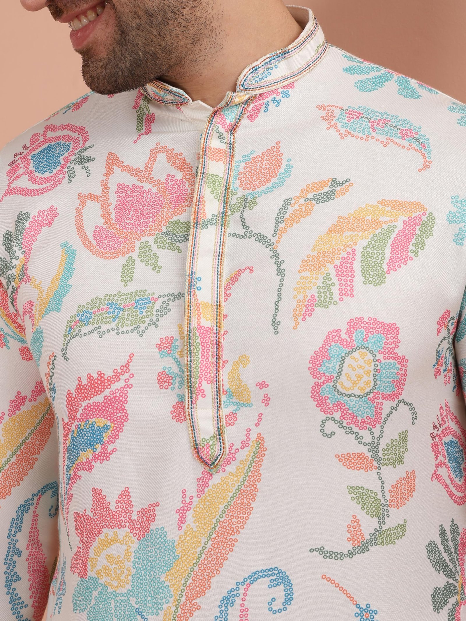 KISAH Mens Printed Pashmina Kurta Churidar Set - Traditional Ethnic Wear for Men for Weddings & Festivals, Multi, 38 - Image 4