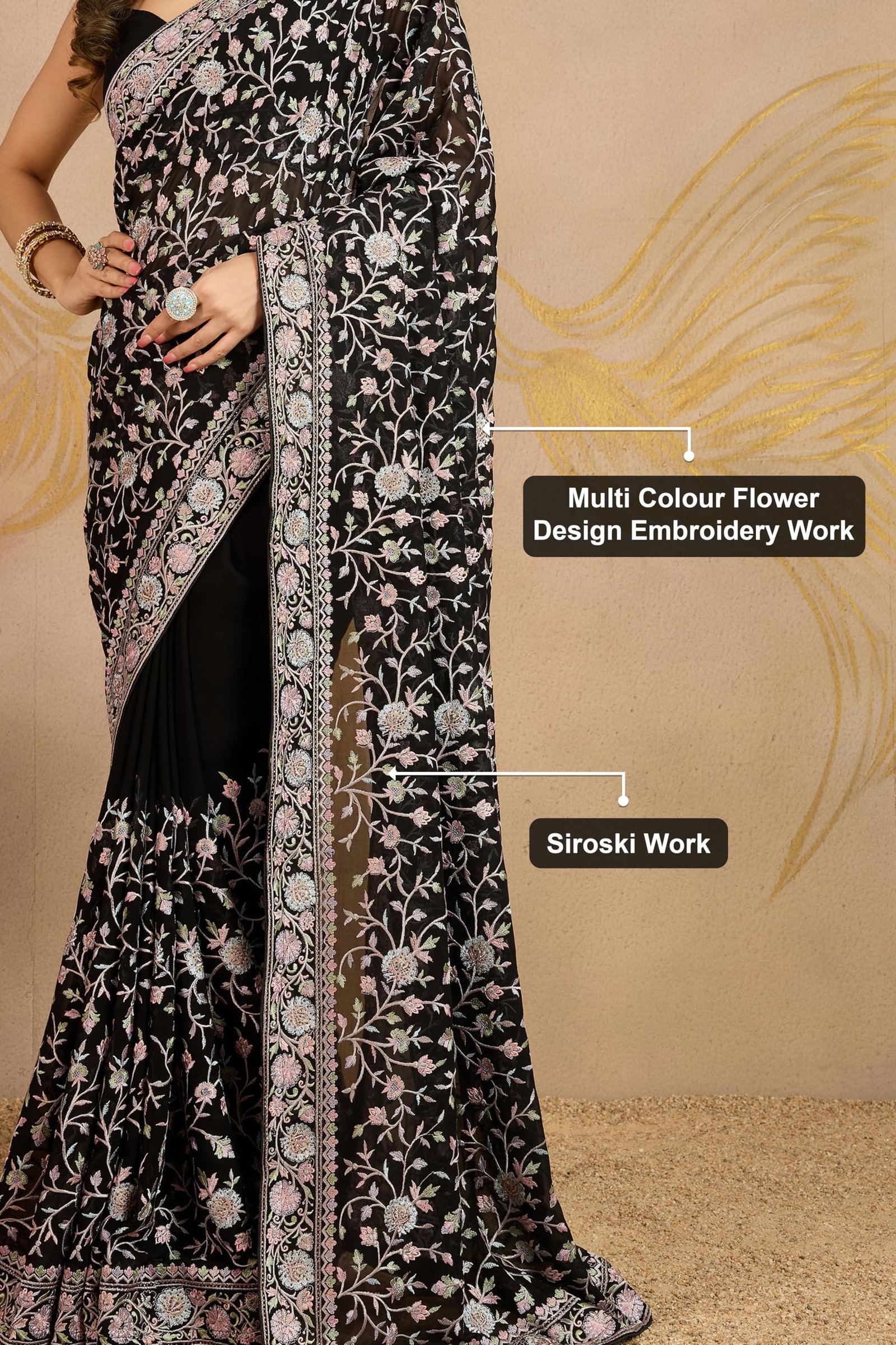 TRENDMALLS Women's Georgette Multi Colour Resham Thread Embroidery with Siroski work Saree with Unstitched Blouse Piece - Image 3