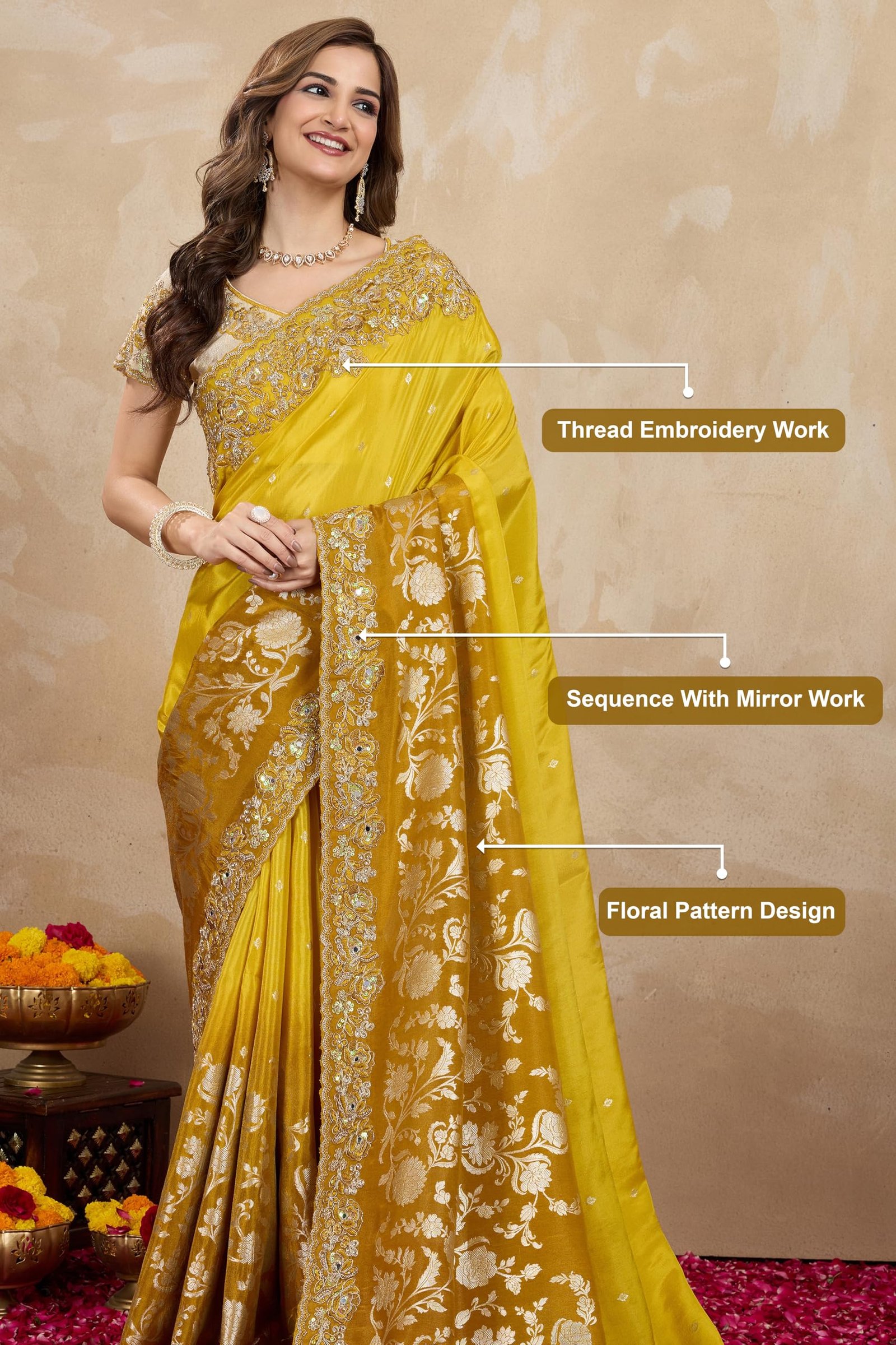 TRENDMALLS Women's Jacquard Silk Embroidery Saree with Unstitched Blouse Piece (K1178-Yellow) - Image 6