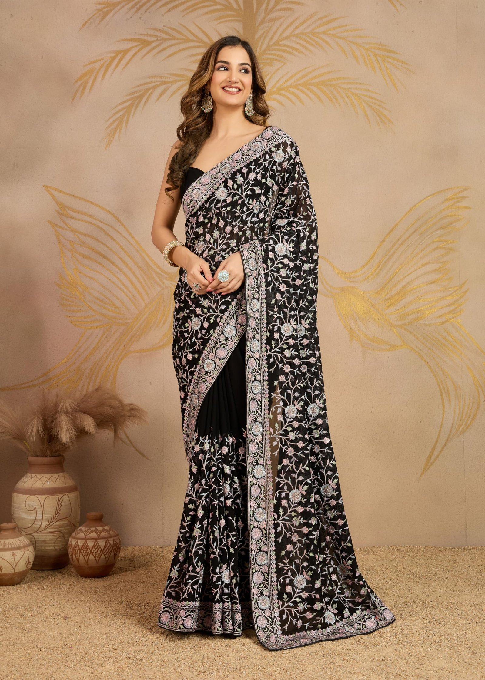 TRENDMALLS Women's Georgette Multi Colour Resham Thread Embroidery with Siroski work Saree with Unstitched Blouse Piece - Image 5