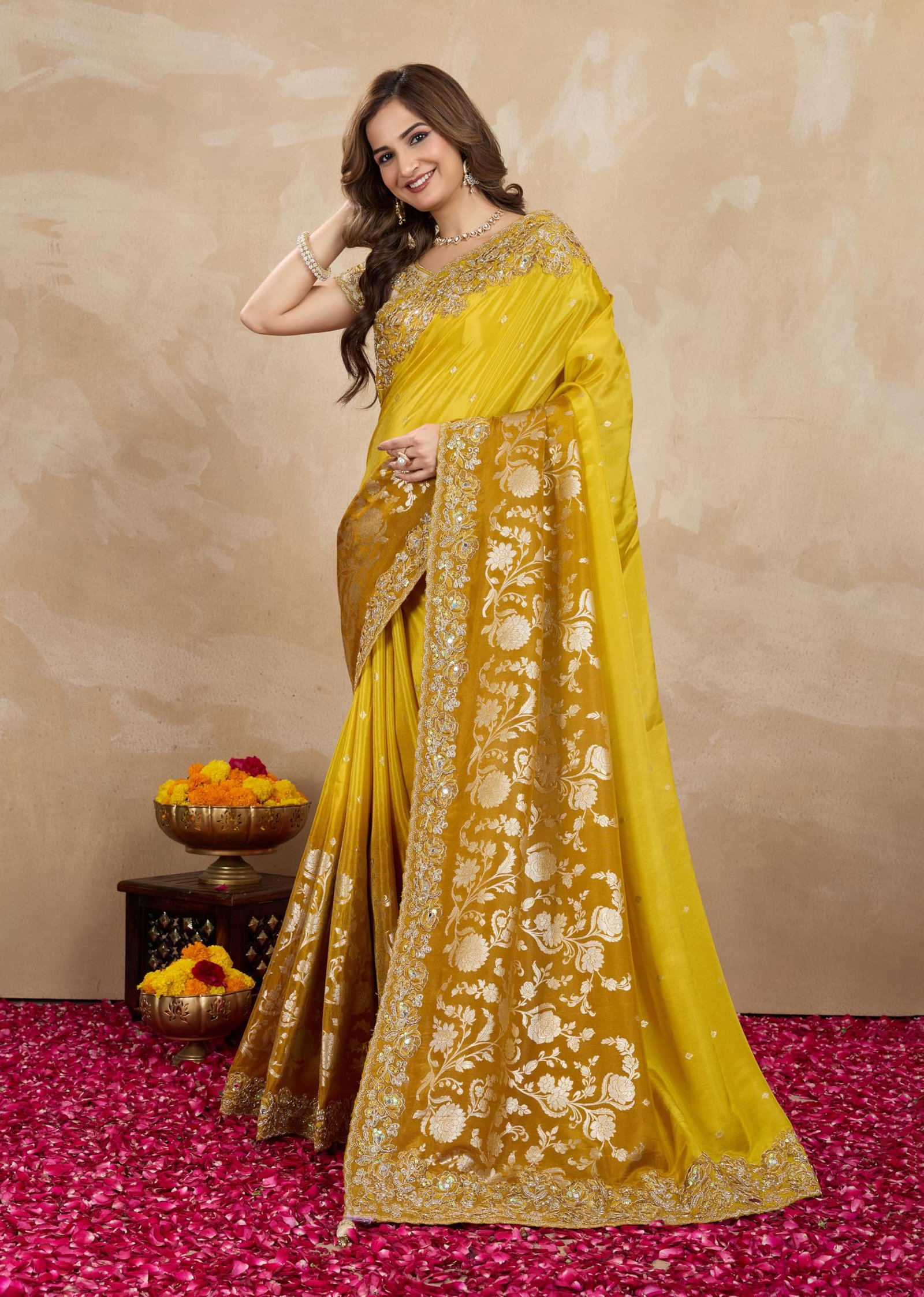 TRENDMALLS Women's Jacquard Silk Embroidery Saree with Unstitched Blouse Piece (K1178-Yellow) - Image 8